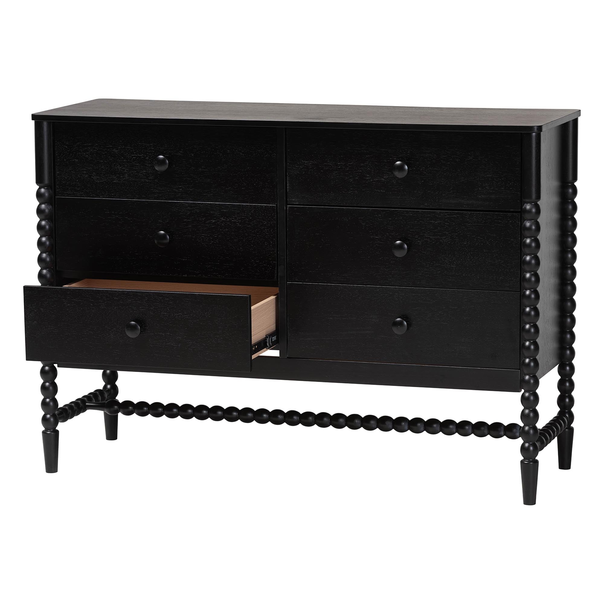 Baxton Studio Brantley Spindle Dresser - 6-Drawer Horizontal Storage Cabinet with Beaded Frame and Elevated Base for Bedroom, Black