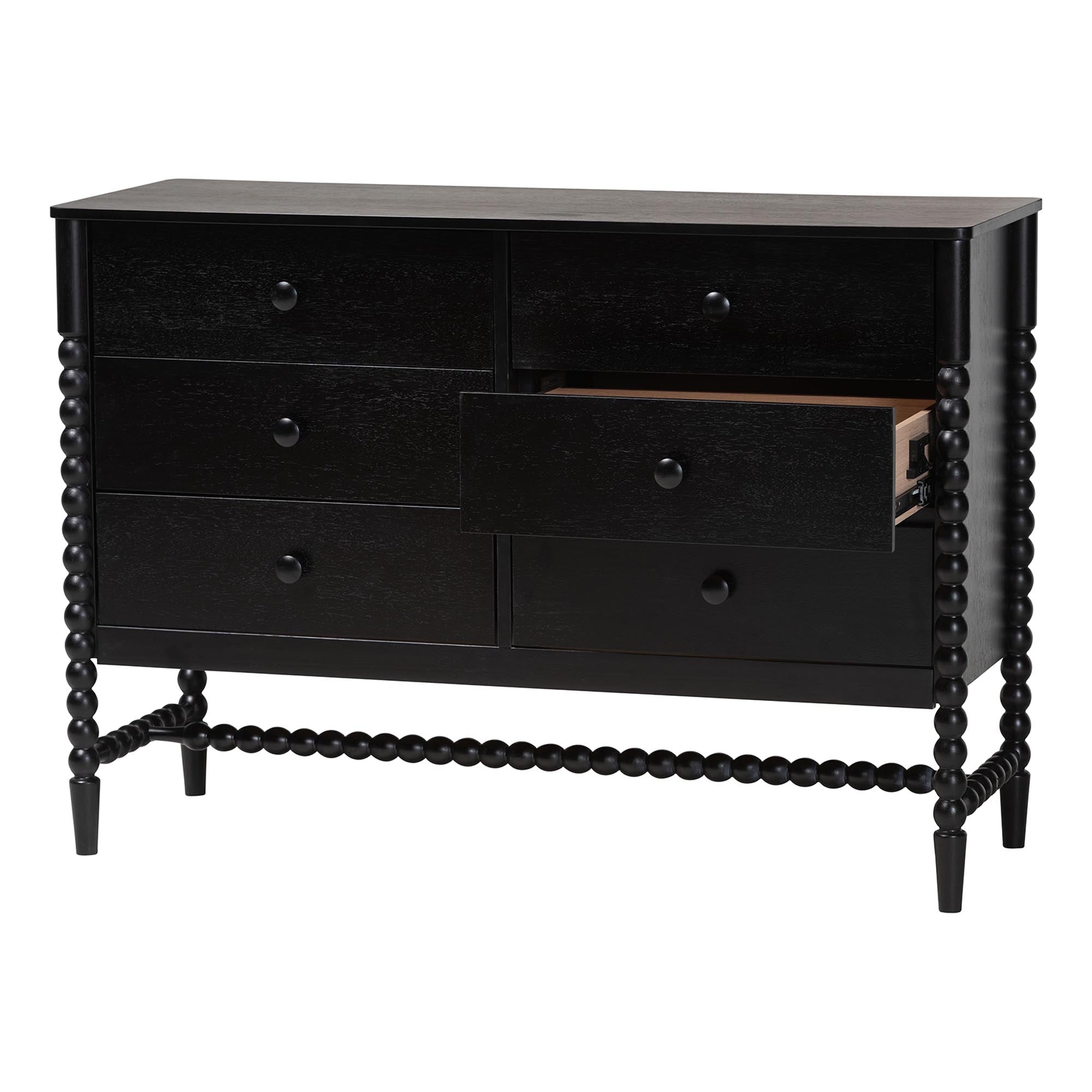 Baxton Studio Brantley Spindle Dresser - 6-Drawer Horizontal Storage Cabinet with Beaded Frame and Elevated Base for Bedroom, Black