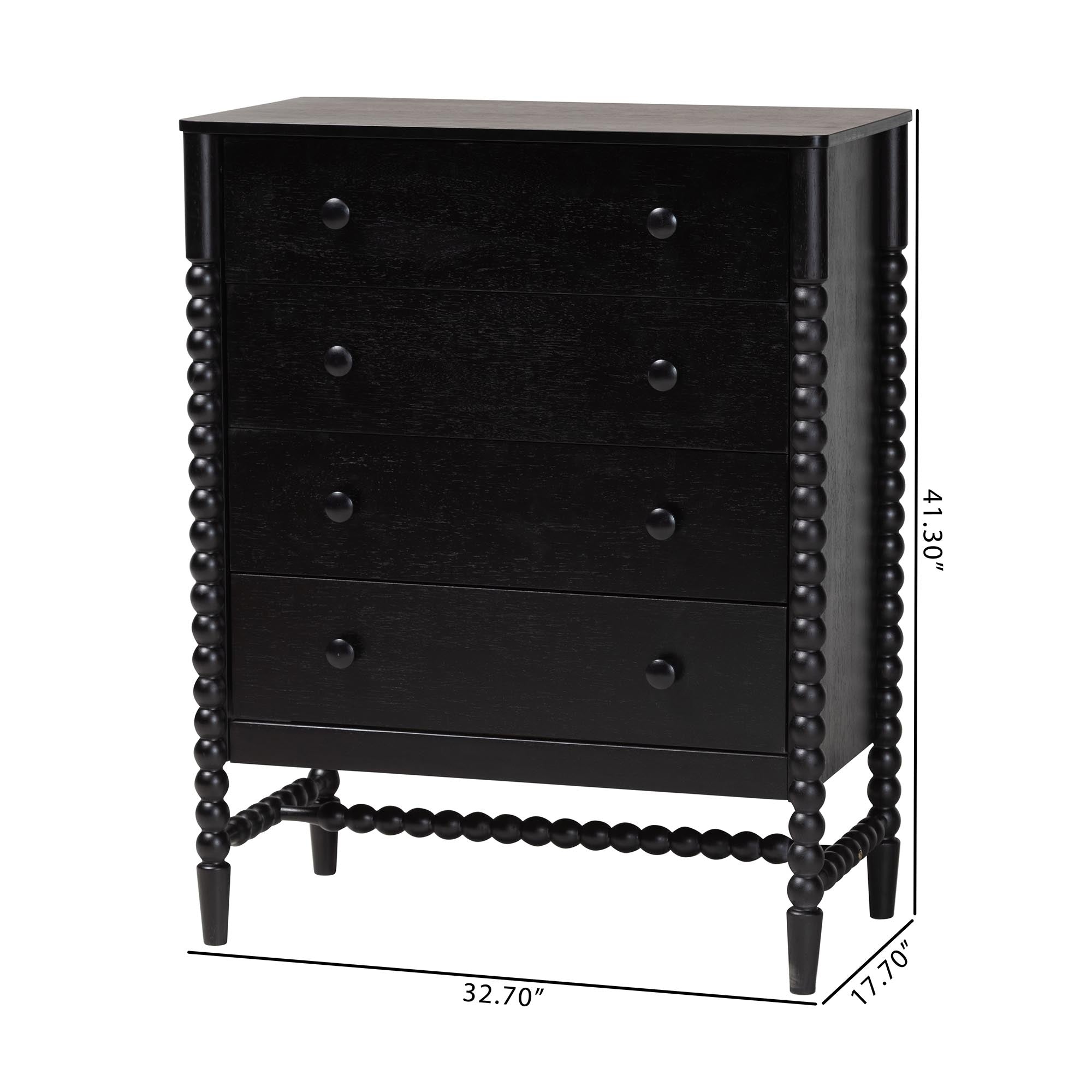 Baxton Studio Brantley Spindle Chest - 4-Drawer Vertical Storage Cabinet with Beaded Frame and Elevated Base for Bedroom, Black