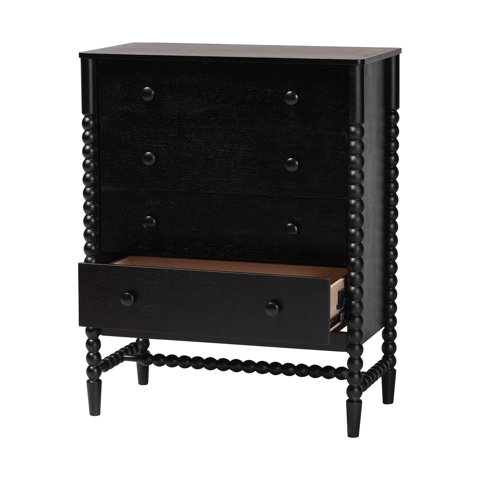 Baxton Studio Brantley Spindle Chest - 4-Drawer Vertical Storage Cabinet with Beaded Frame and Elevated Base for Bedroom, Black