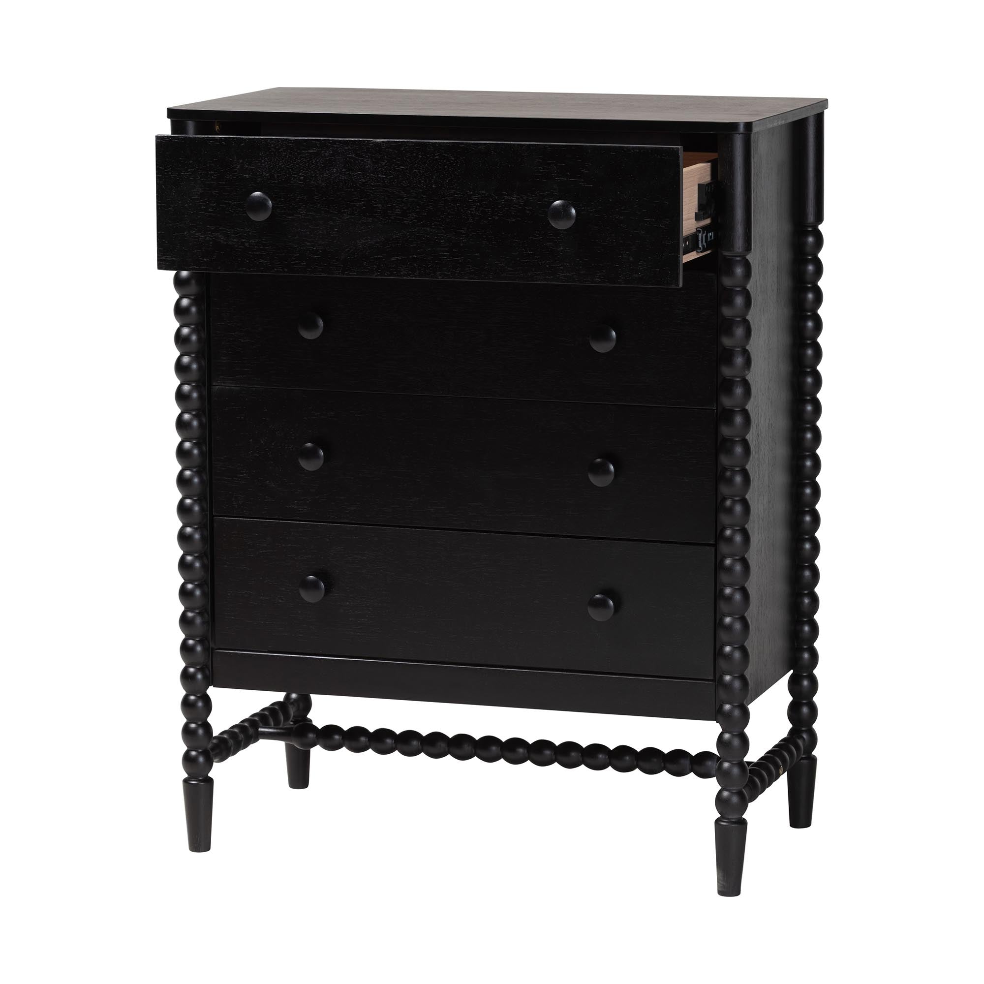 Baxton Studio Brantley Spindle Chest - 4-Drawer Vertical Storage Cabinet with Beaded Frame and Elevated Base for Bedroom, Black
