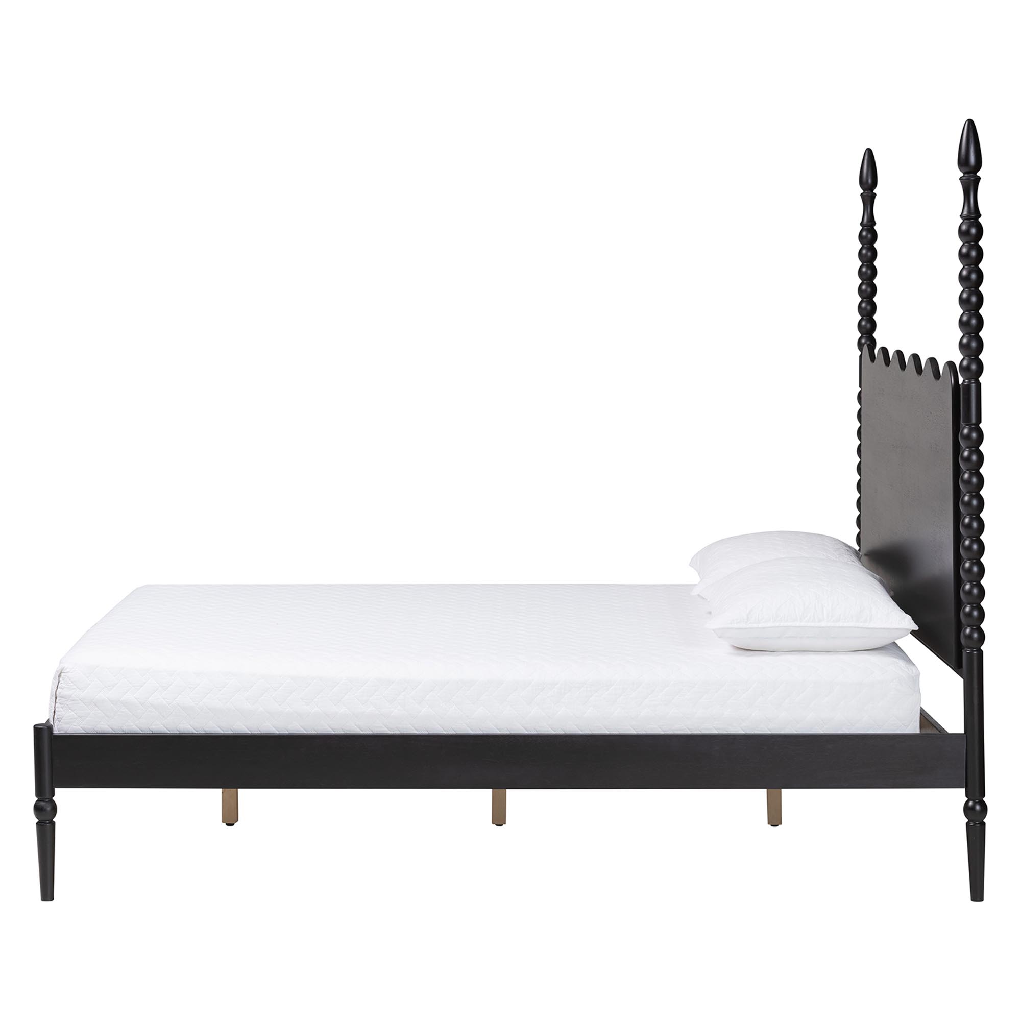 Baxton Studio Brantley Spindle Platform Bed - Farmhouse Bed Frame with Scalloped Headboard and Turned Posts, Black, Queen