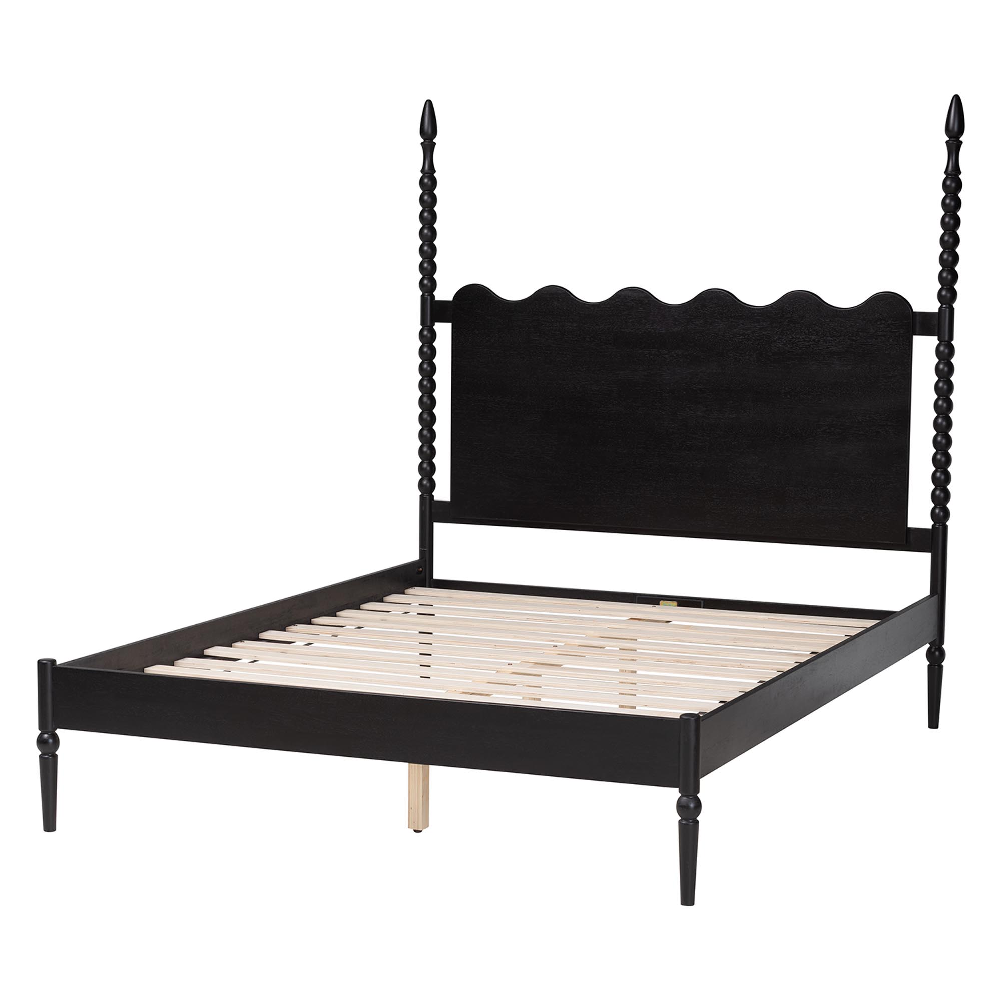 Baxton Studio Brantley Spindle Platform Bed - Farmhouse Bed Frame with Scalloped Headboard and Turned Posts, Black, Queen