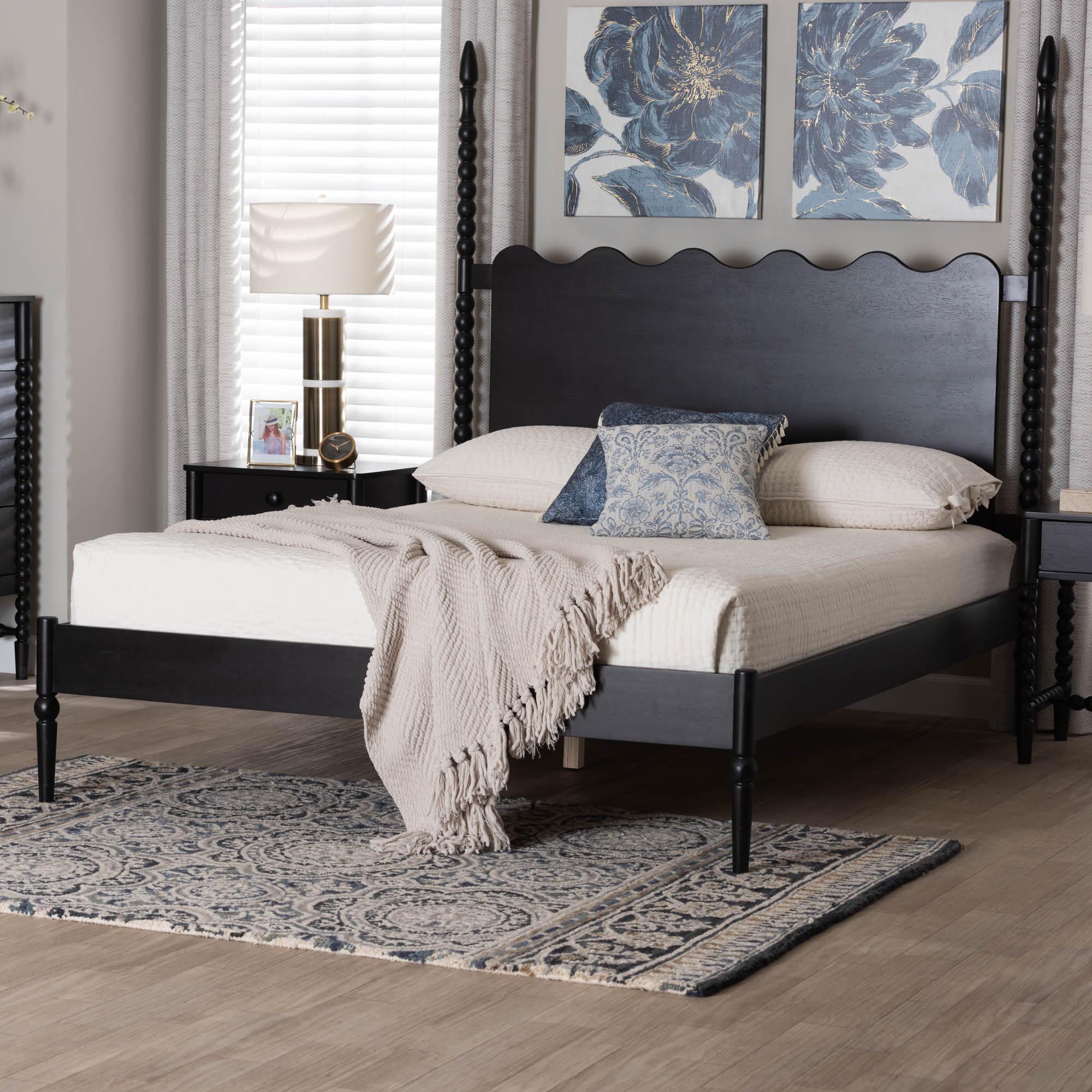 Baxton Studio Brantley Spindle Platform Bed - Farmhouse Bed Frame with Scalloped Headboard and Turned Posts, Black, King