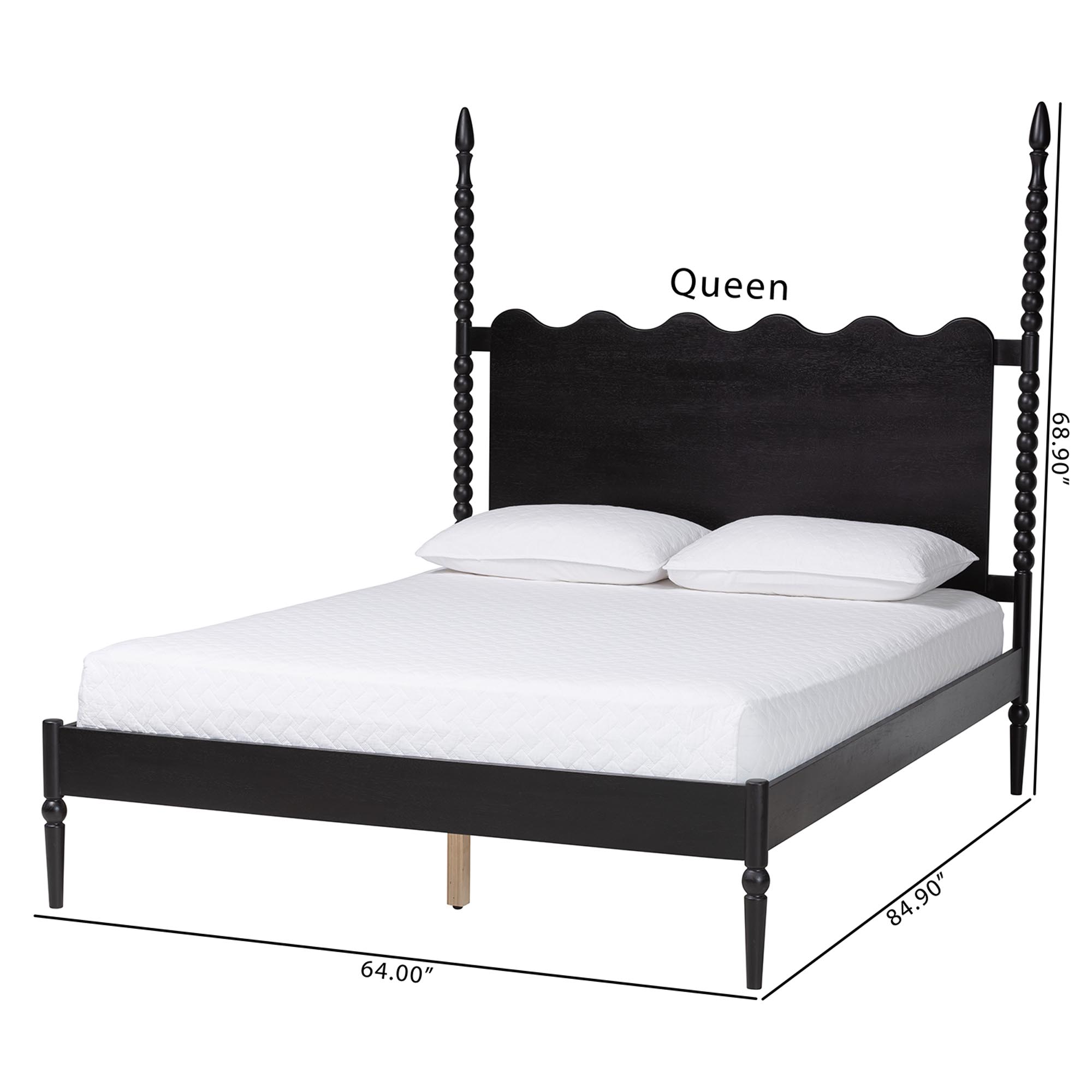 Baxton Studio Brantley Spindle Platform Bed - Farmhouse Bed Frame with Scalloped Headboard and Turned Posts, Black, King