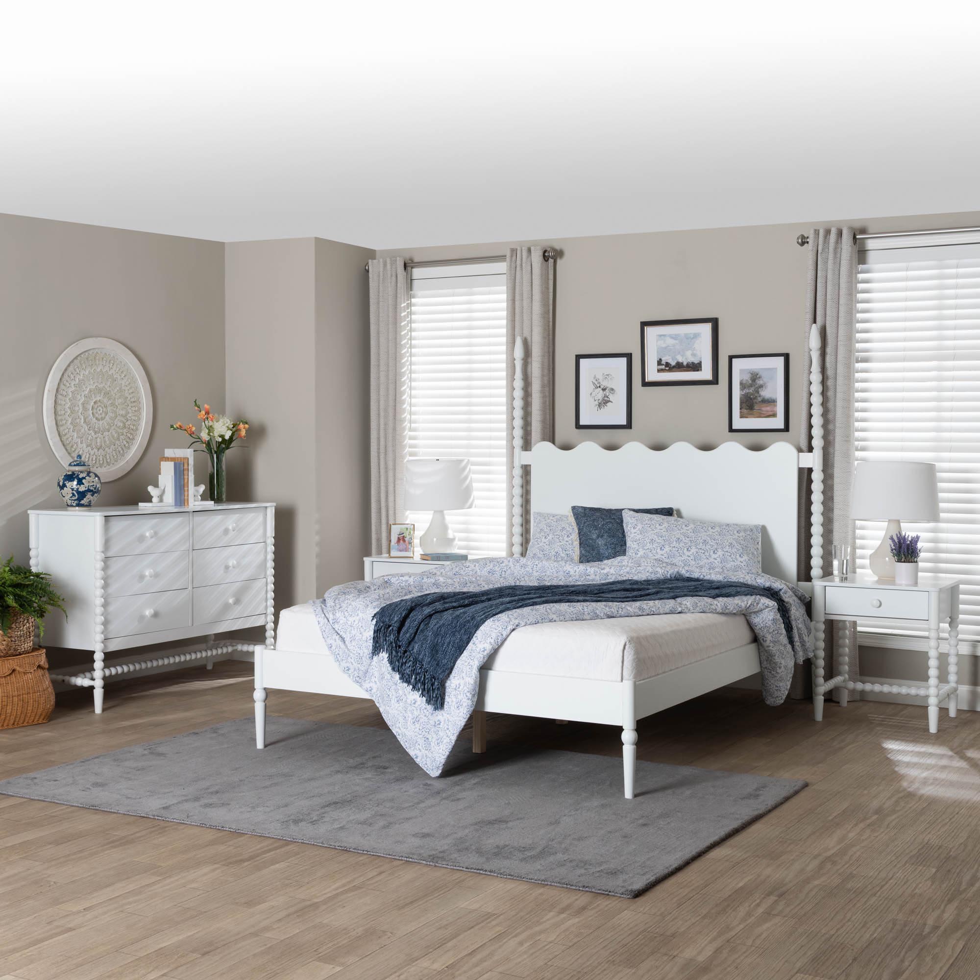 Baxton Studio Brantley Spindle 4-Piece Bedroom Set - Farmhouse Bed Frame with Matching Dresser and 1-Drawer Nightstands, White, King
