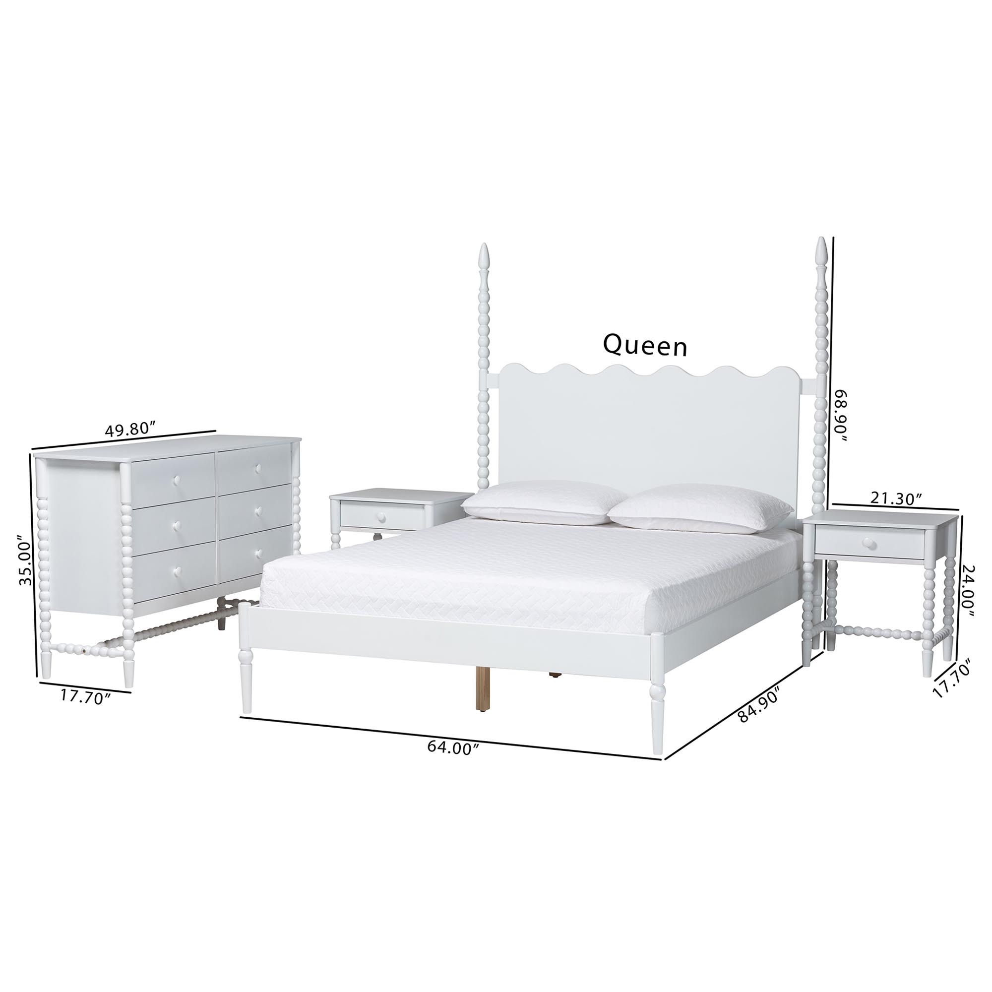 Baxton Studio Brantley Spindle 4-Piece Bedroom Set - Farmhouse Bed Frame with Matching Dresser and 1-Drawer Nightstands, White, Queen