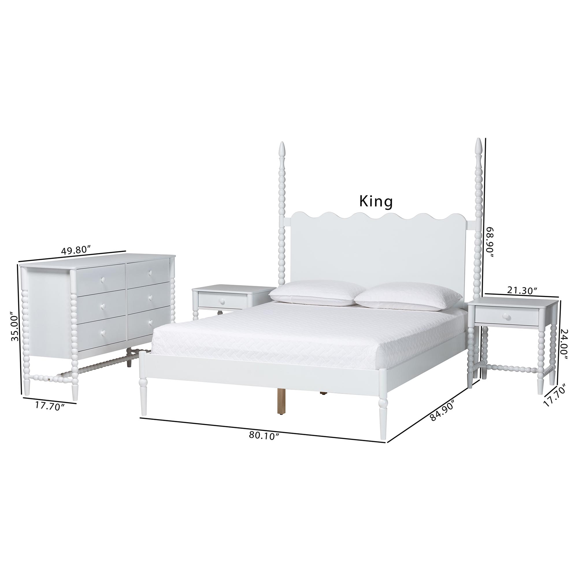 Baxton Studio Brantley Spindle 4-Piece Bedroom Set - Farmhouse Bed Frame with Matching Dresser and 1-Drawer Nightstands, White, King