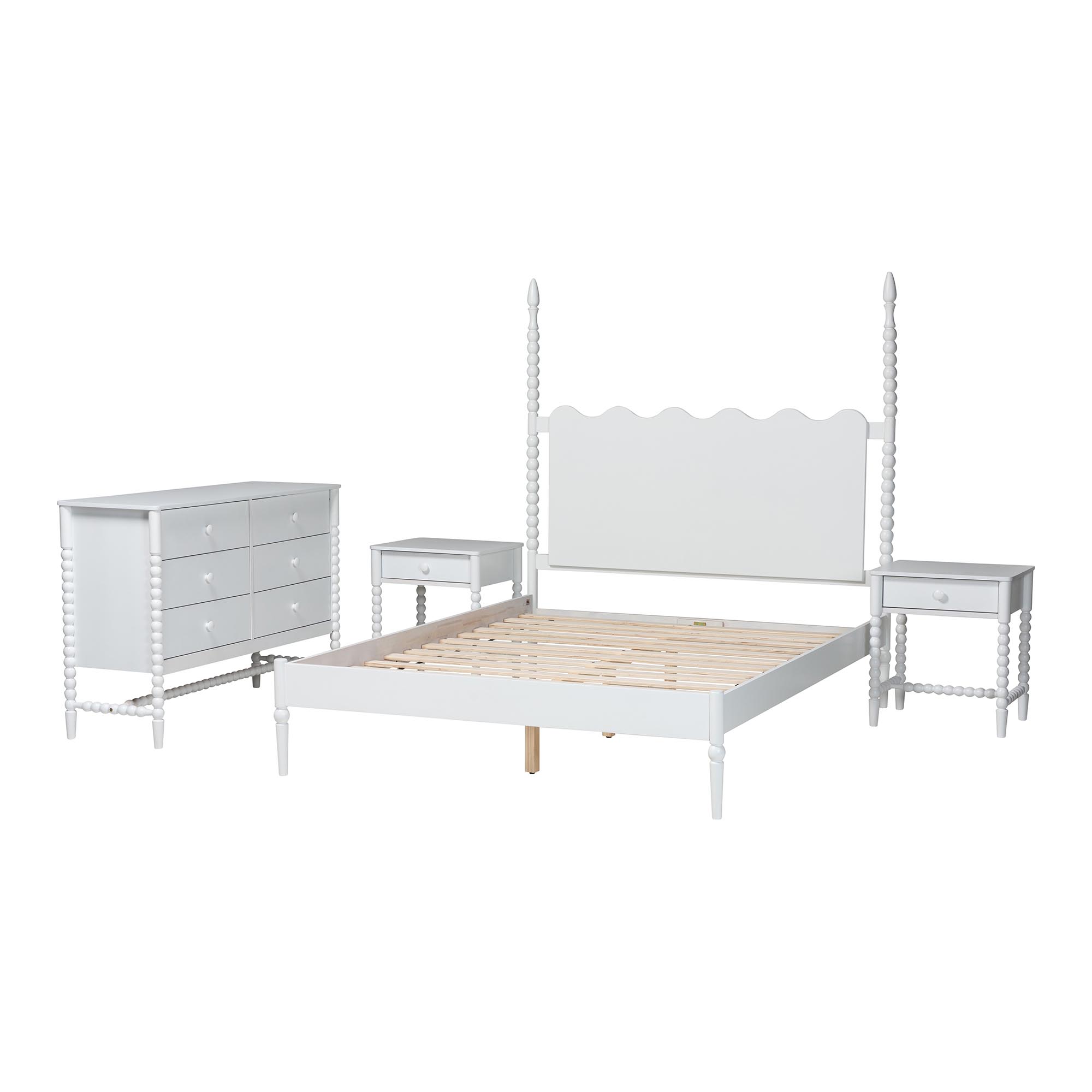 Baxton Studio Brantley Spindle 4-Piece Bedroom Set - Farmhouse Bed Frame with Matching Dresser and 1-Drawer Nightstands, White, King
