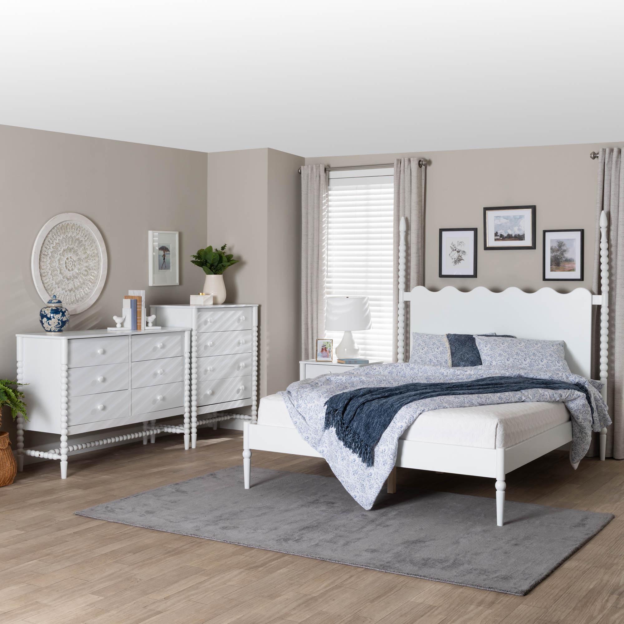Baxton Studio Brantley Spindle 4-Piece Bedroom Set - Farmhouse Bed Frame with Matching Dresser, Chest, and 1-Drawer Nightstand, White, Queen
