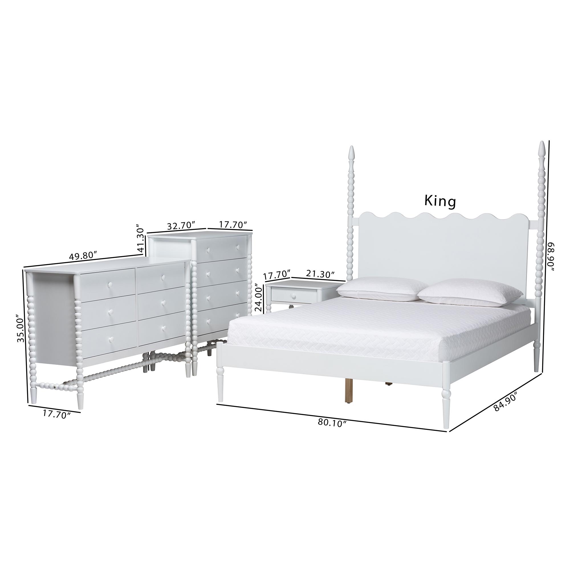 Baxton Studio Brantley Spindle 4-Piece Bedroom Set - Farmhouse Bed Frame with Matching Dresser, Chest, and 1-Drawer Nightstand, White, Queen
