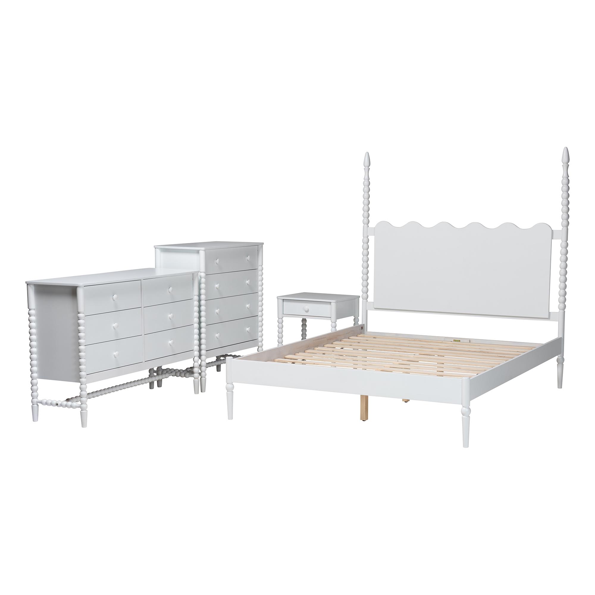 Baxton Studio Brantley Spindle 4-Piece Bedroom Set - Farmhouse Bed Frame with Matching Dresser, Chest, and 1-Drawer Nightstand, White, Queen