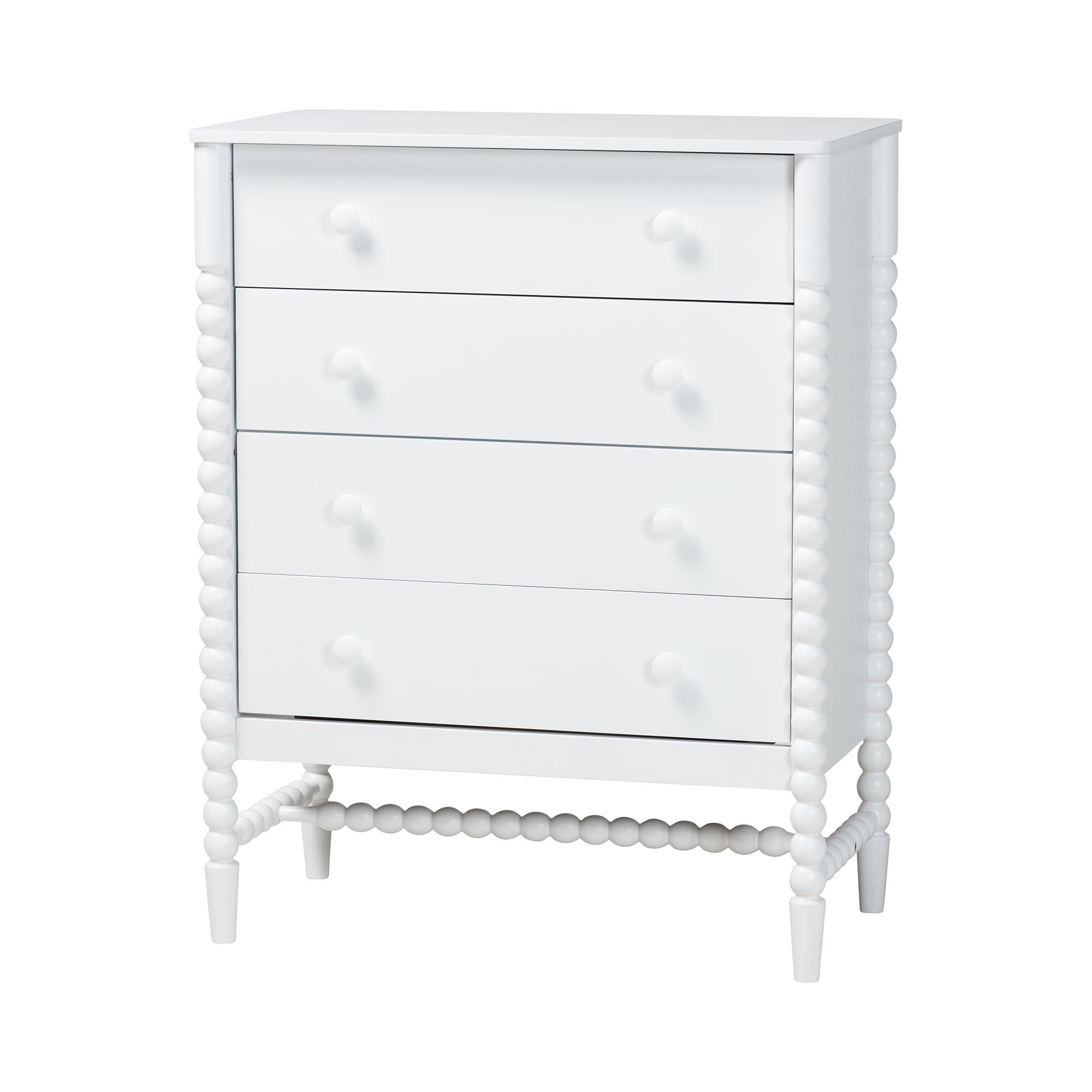 Baxton Studio Brantley Spindle 4-Piece Bedroom Set - Farmhouse Bed Frame with Matching Dresser, Chest, and 1-Drawer Nightstand, White, King