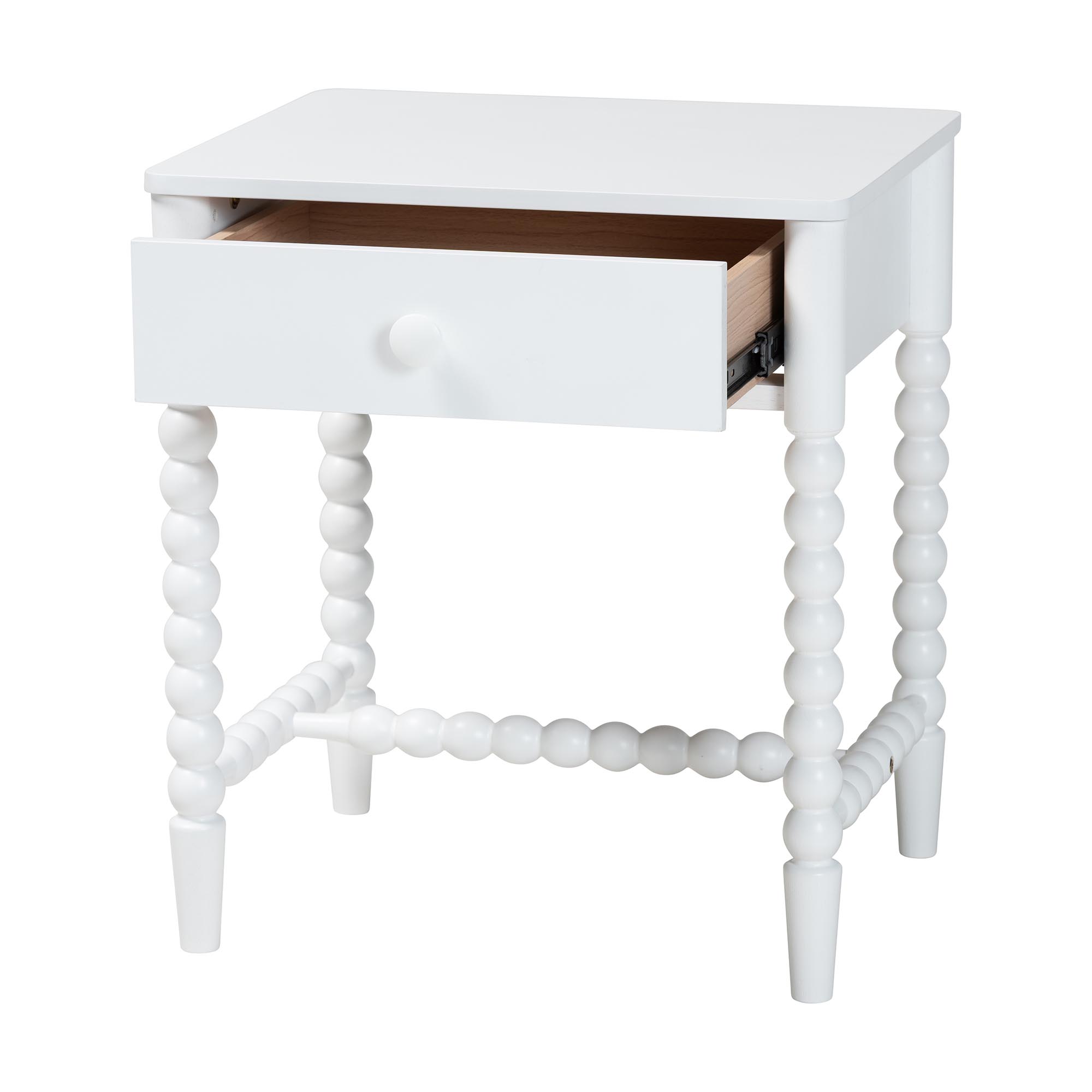 Baxton Studio Brantley Spindle Nightstand - 1-Drawer Bedside Table with Beaded Frame and Open Base for Bedroom, White