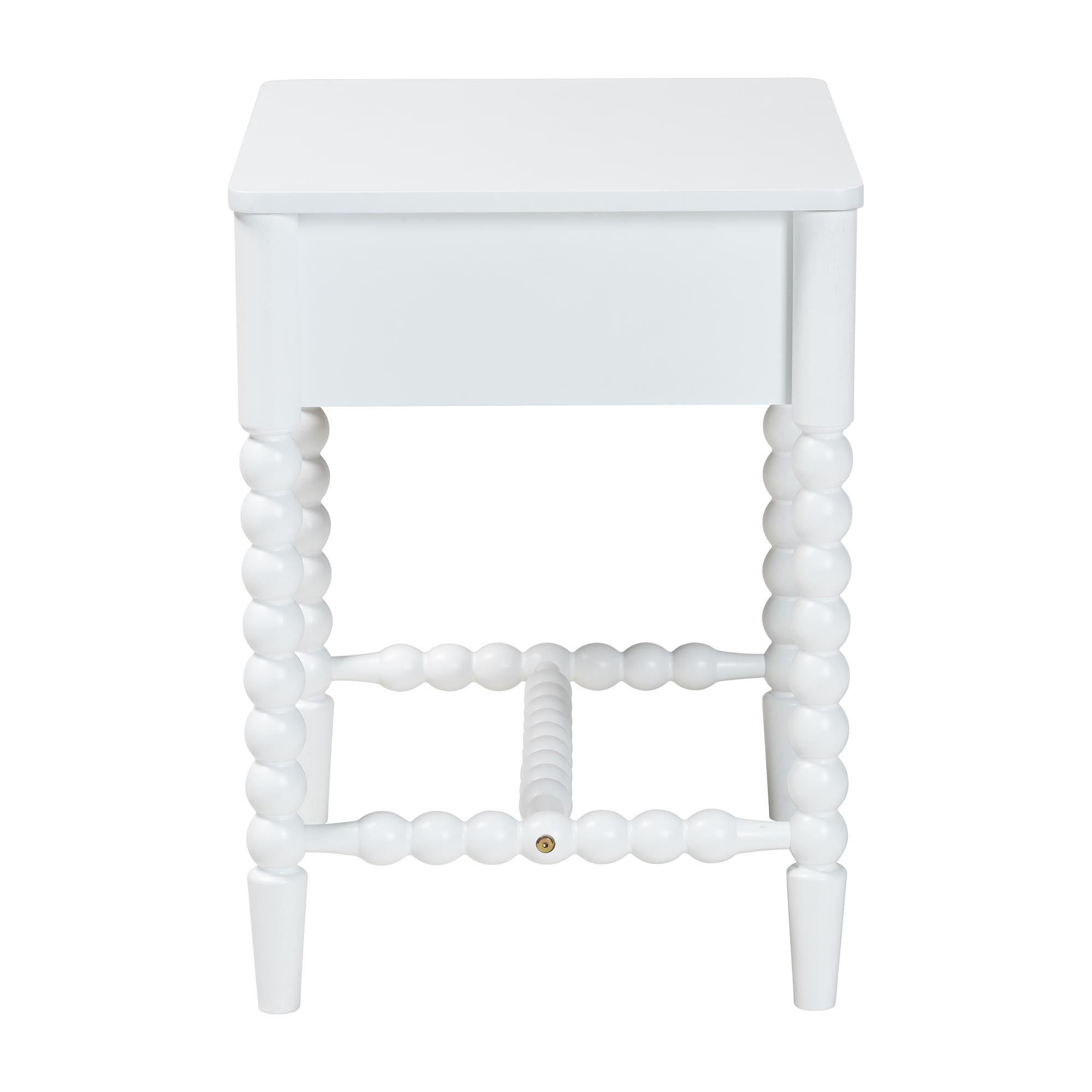 Baxton Studio Brantley Spindle Nightstand - 1-Drawer Bedside Table with Beaded Frame and Open Base for Bedroom, White