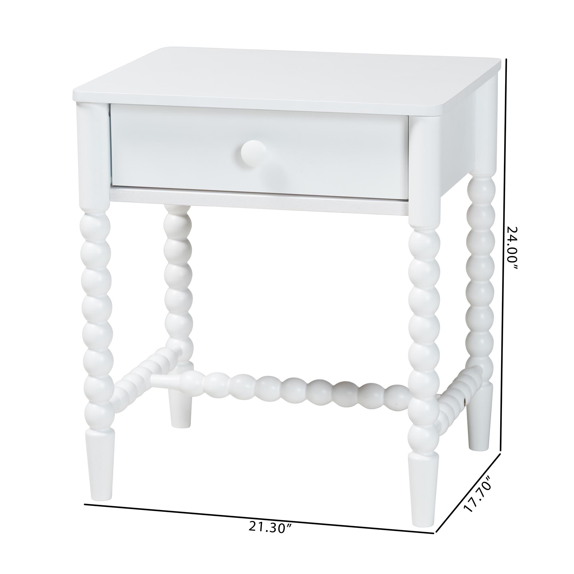 Baxton Studio Brantley Spindle Nightstand - 1-Drawer Bedside Table with Beaded Frame and Open Base for Bedroom, White
