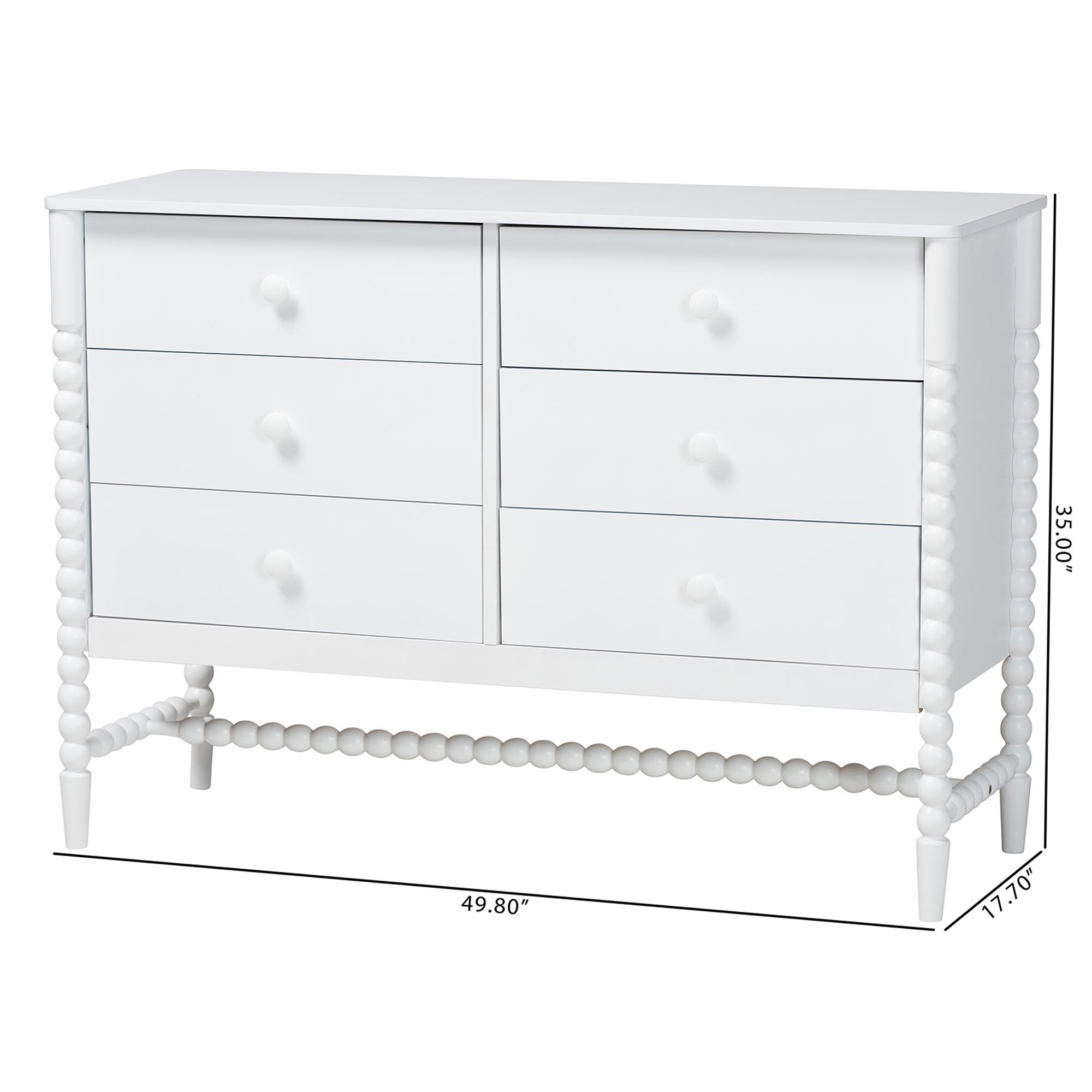 Baxton Studio Brantley Spindle Dresser - 6-Drawer Horizontal Storage Cabinet with Beaded Frame and Elevated Base for Bedroom, White