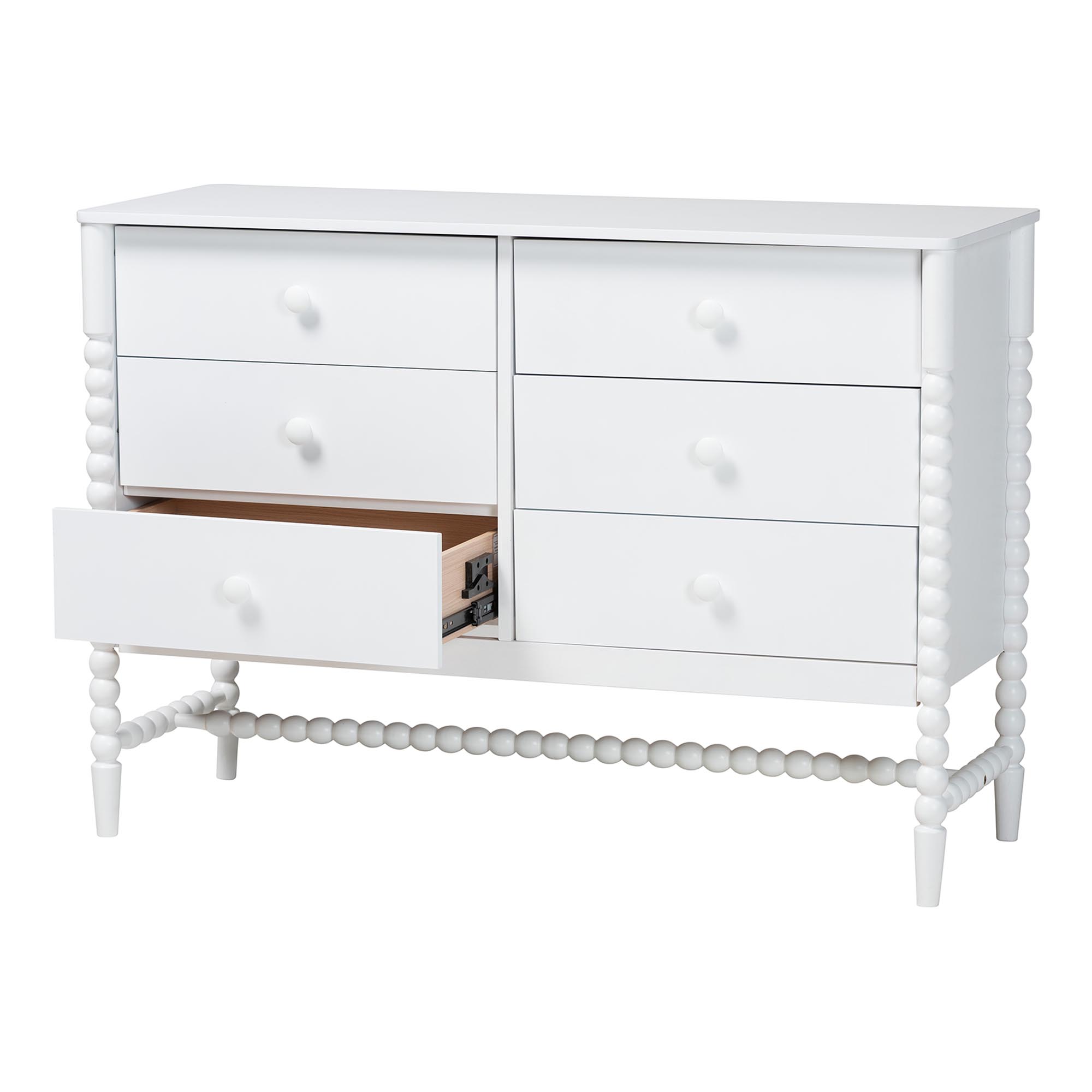Baxton Studio Brantley Spindle Dresser - 6-Drawer Horizontal Storage Cabinet with Beaded Frame and Elevated Base for Bedroom, White