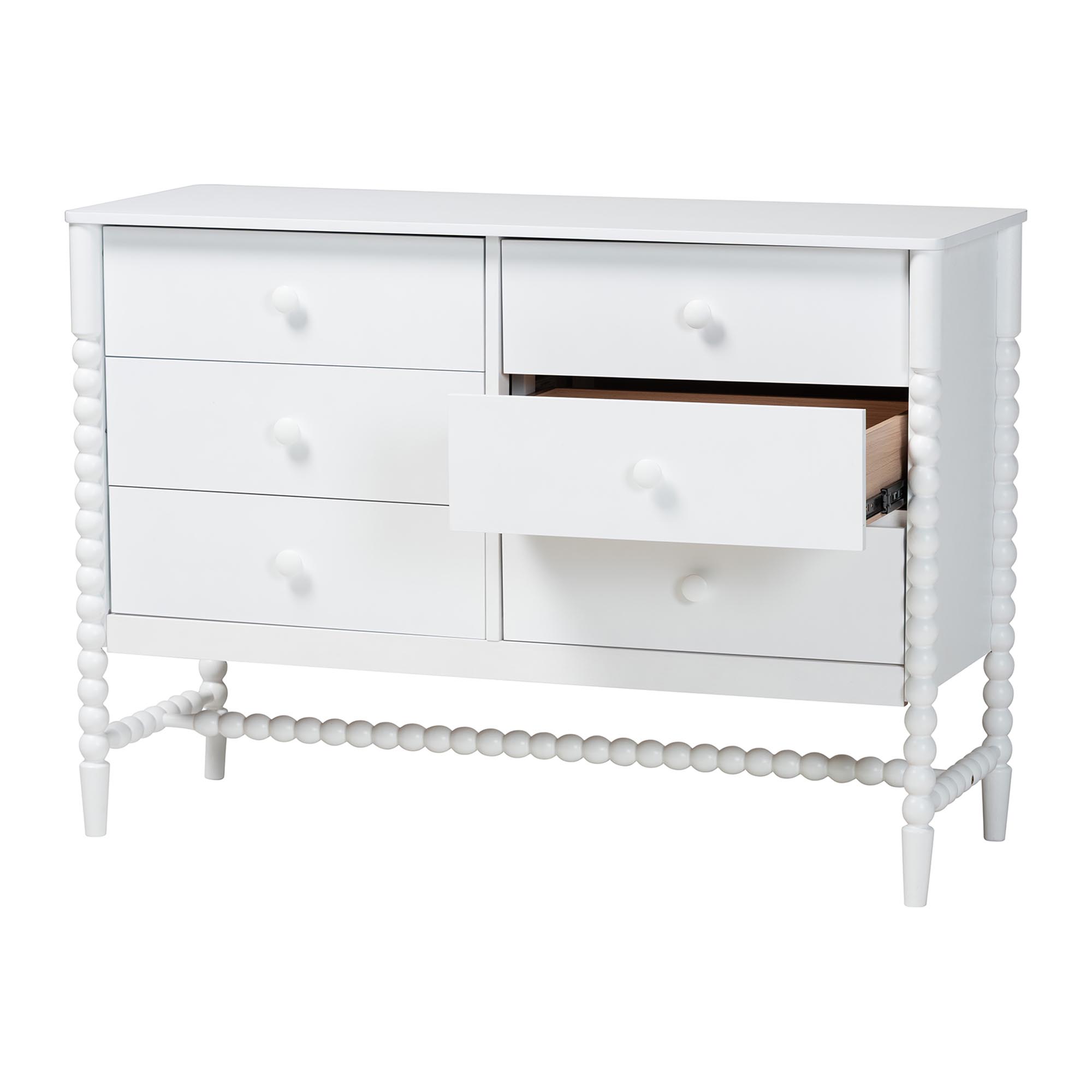 Baxton Studio Brantley Spindle Dresser - 6-Drawer Horizontal Storage Cabinet with Beaded Frame and Elevated Base for Bedroom, White