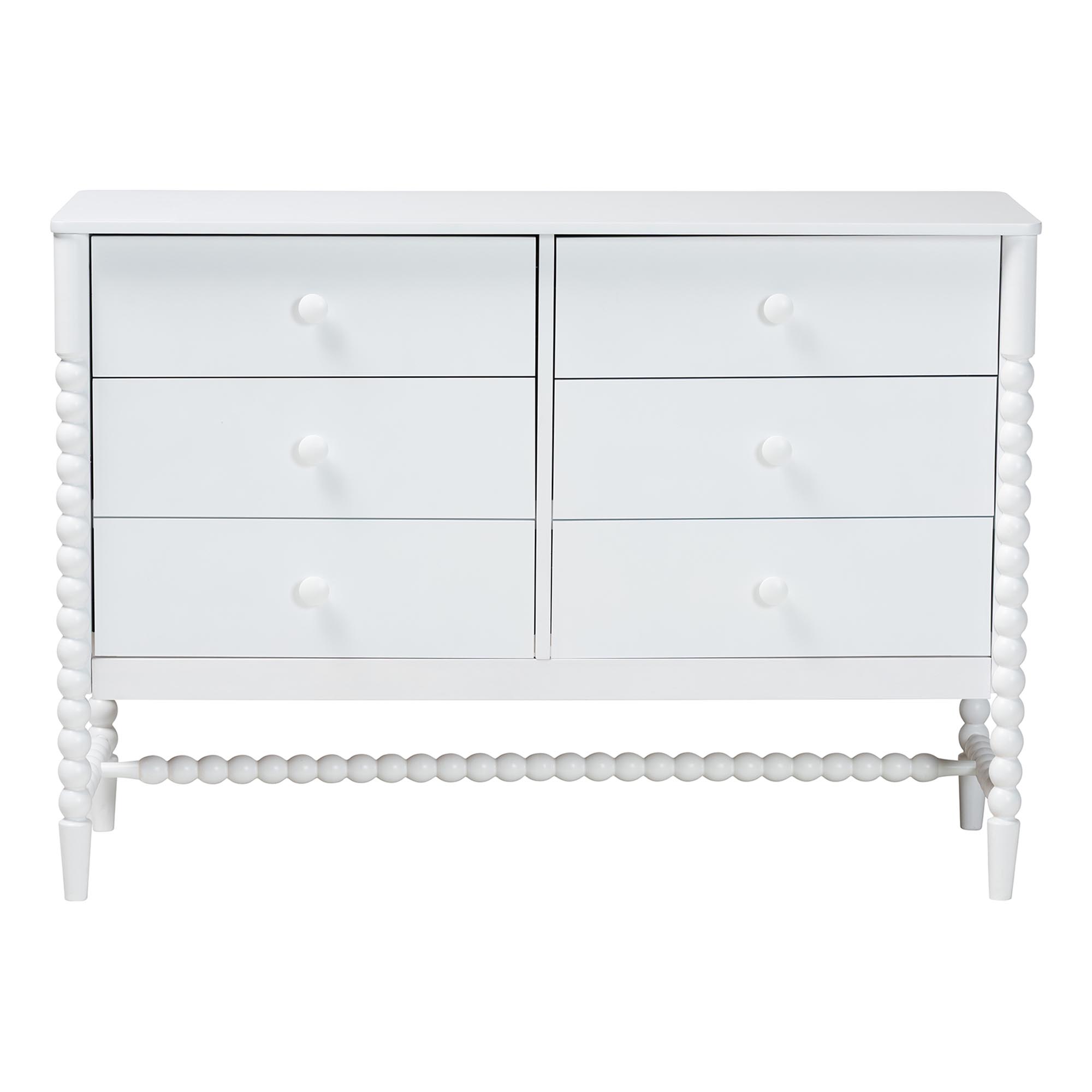 Baxton Studio Brantley Spindle Dresser - 6-Drawer Horizontal Storage Cabinet with Beaded Frame and Elevated Base for Bedroom, White