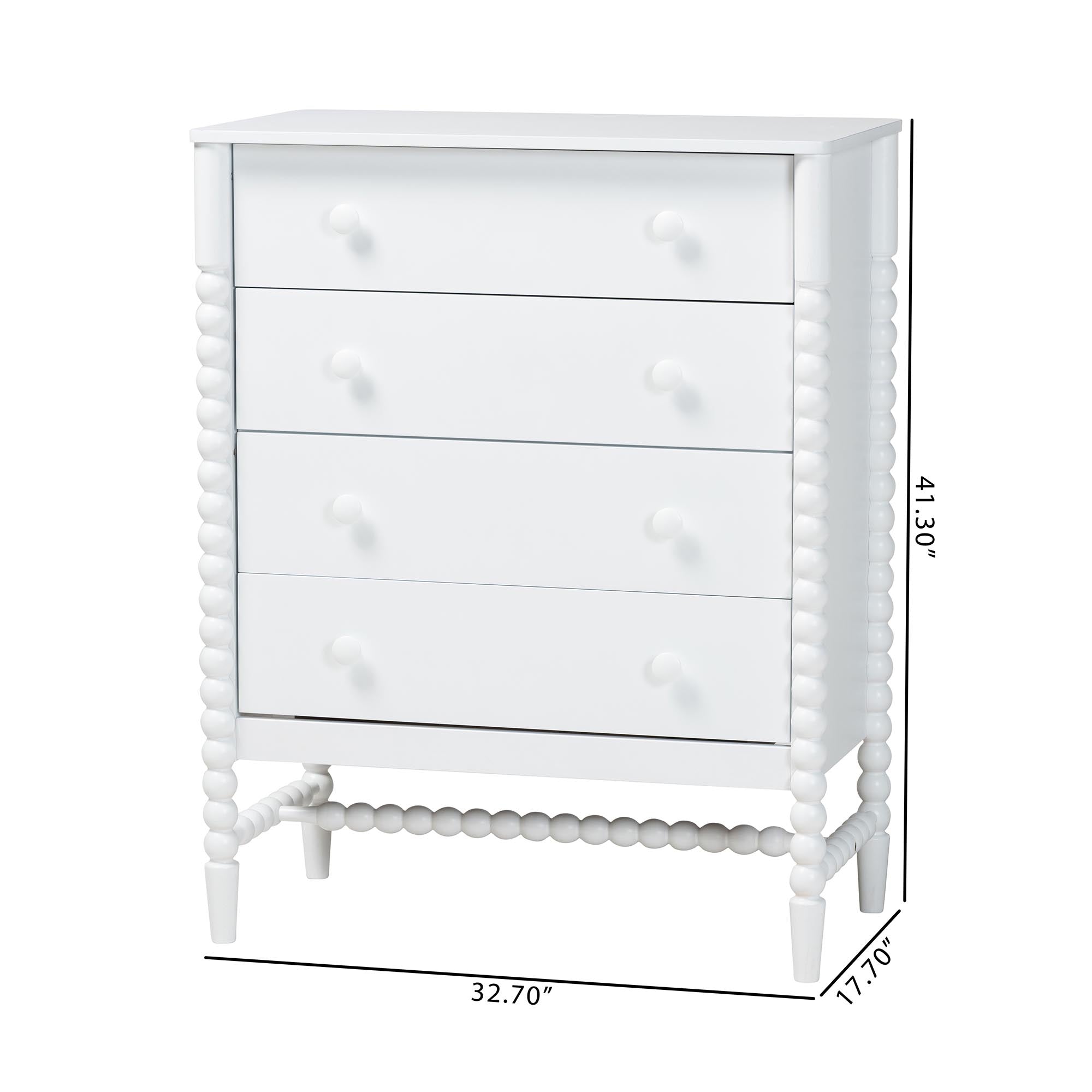 Baxton Studio Brantley Spindle Chest - 4-Drawer Vertical Storage Cabinet with Beaded Frame and Elevated Base for Bedroom, White