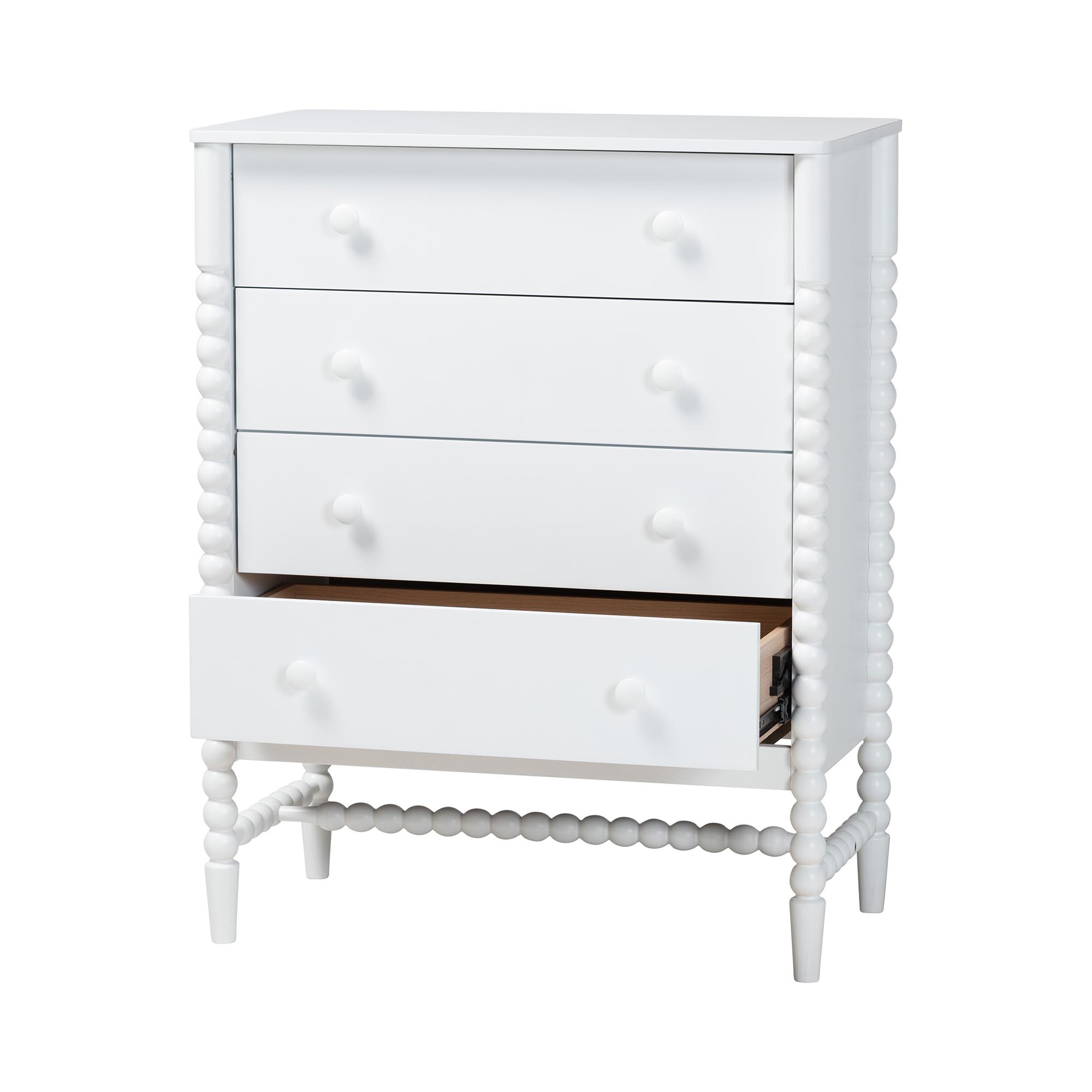 Baxton Studio Brantley Spindle Chest - 4-Drawer Vertical Storage Cabinet with Beaded Frame and Elevated Base for Bedroom, White