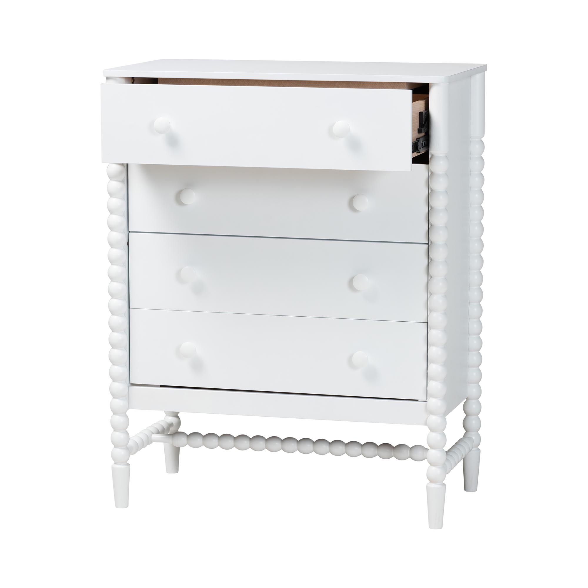 Baxton Studio Brantley Spindle Chest - 4-Drawer Vertical Storage Cabinet with Beaded Frame and Elevated Base for Bedroom, White