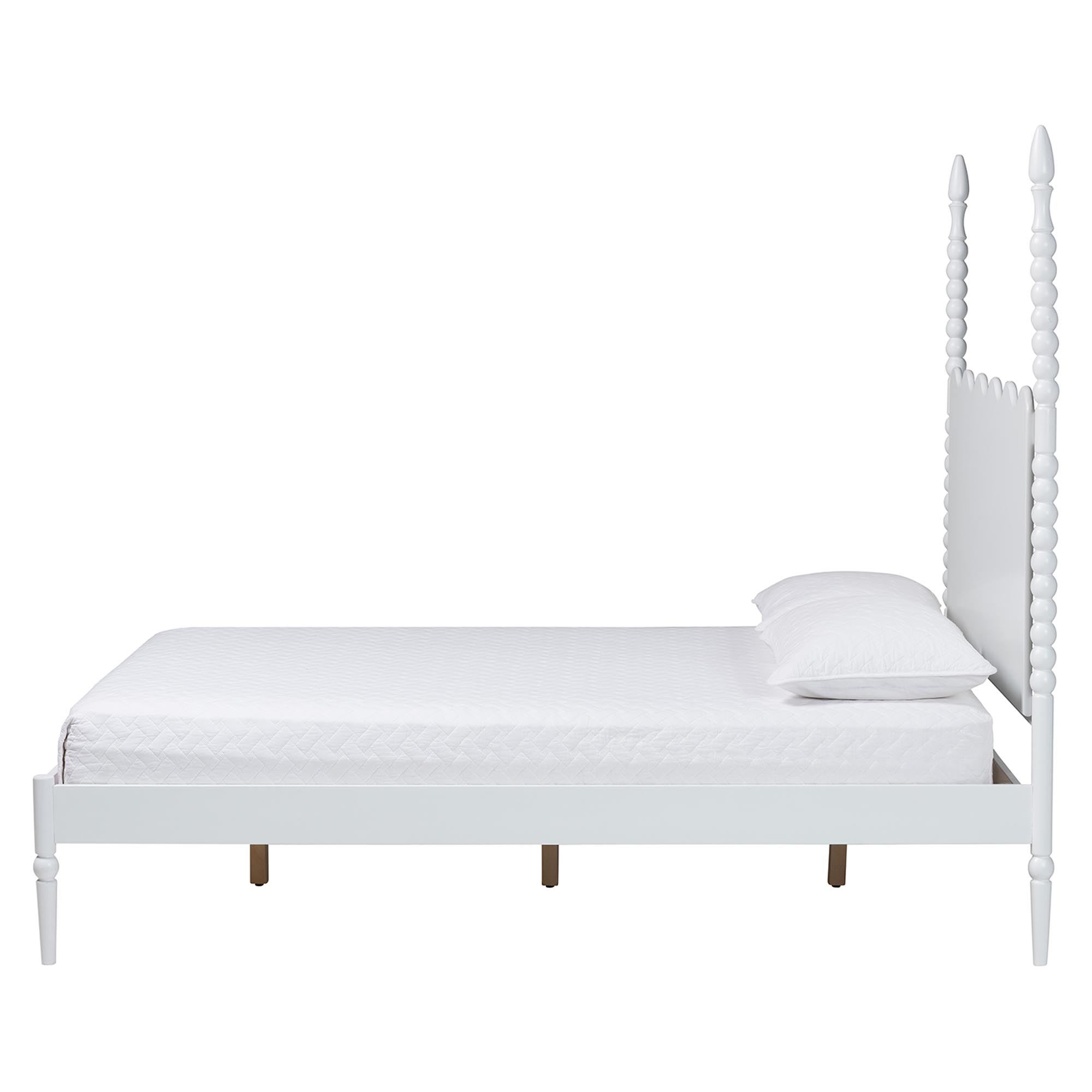 Baxton Studio Brantley Spindle Platform Bed - Farmhouse Bed Frame with Scalloped Headboard and Turned Posts, White, King