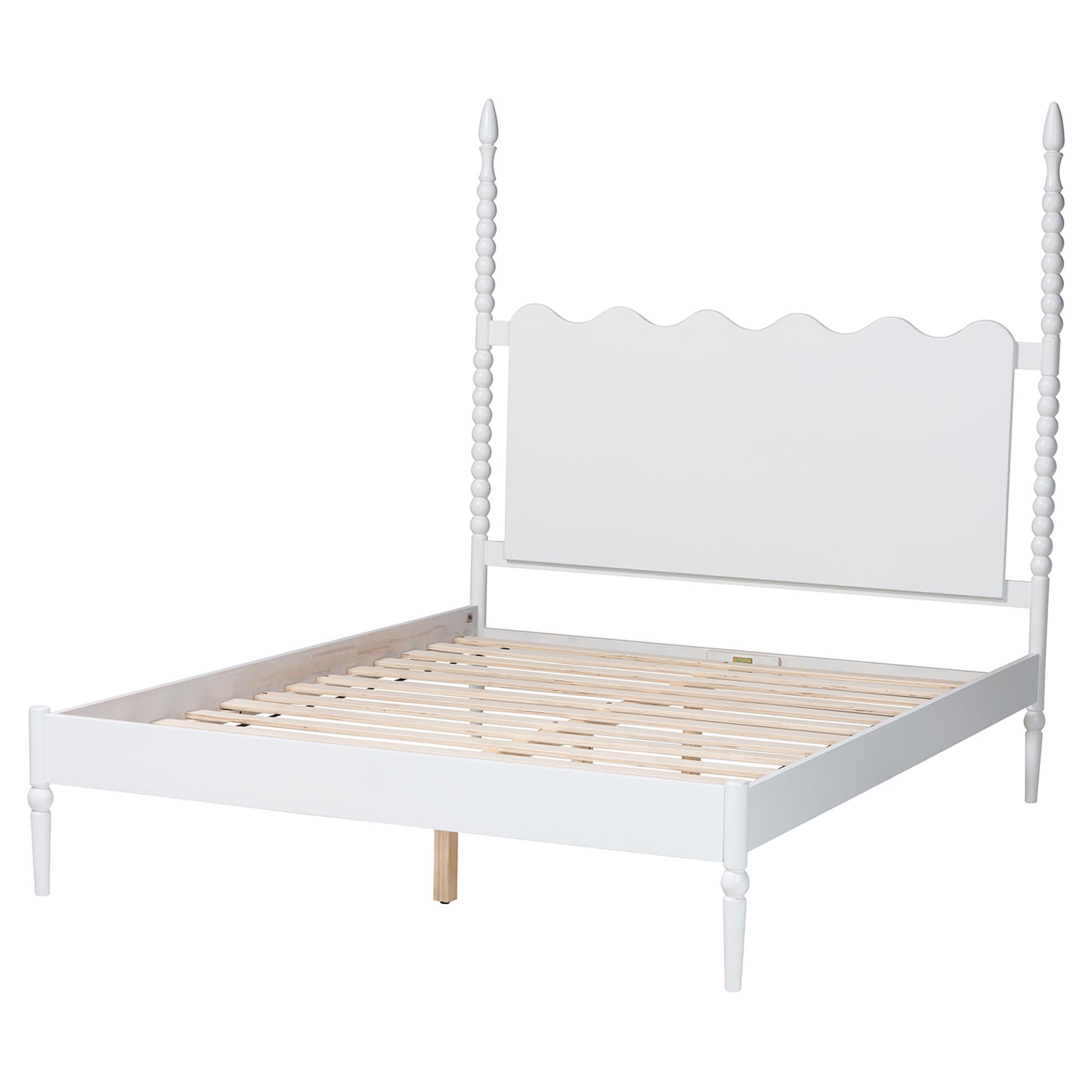 Baxton Studio Brantley Spindle Platform Bed - Farmhouse Bed Frame with Scalloped Headboard and Turned Posts, White, King