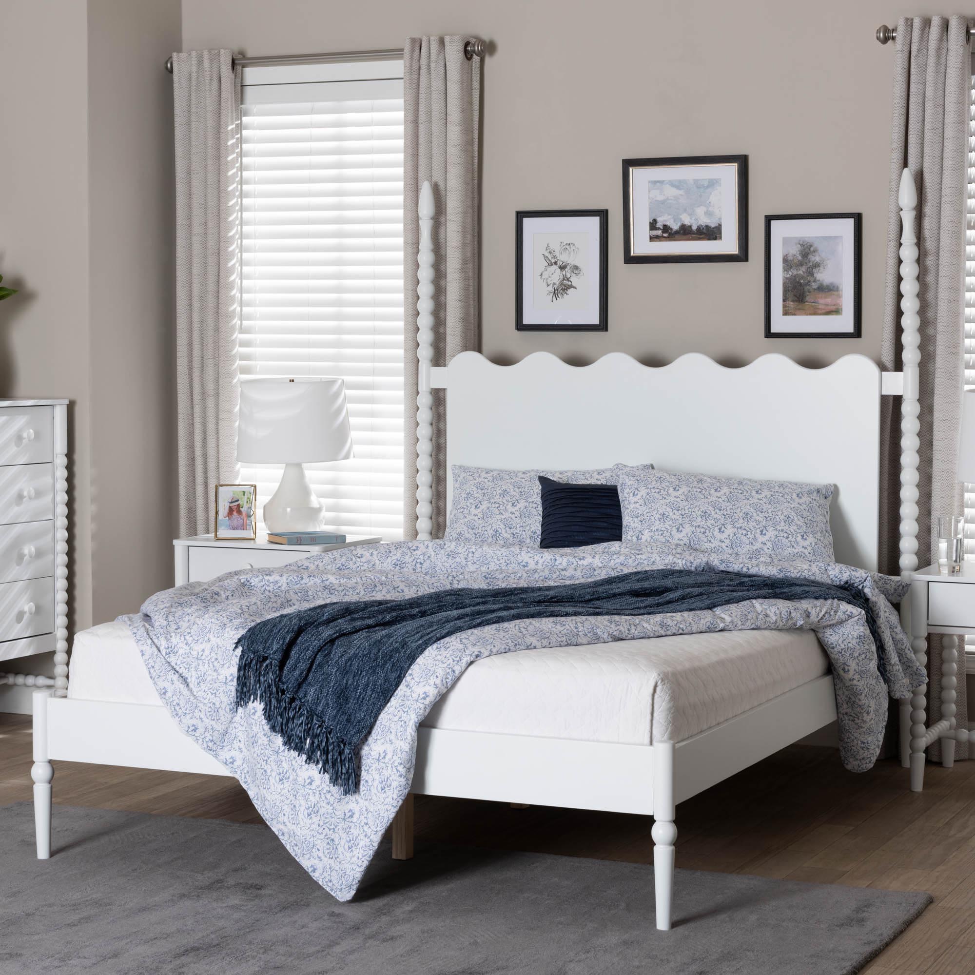 Baxton Studio Brantley Spindle Platform Bed - Farmhouse Bed Frame with Scalloped Headboard and Turned Posts, White, Queen