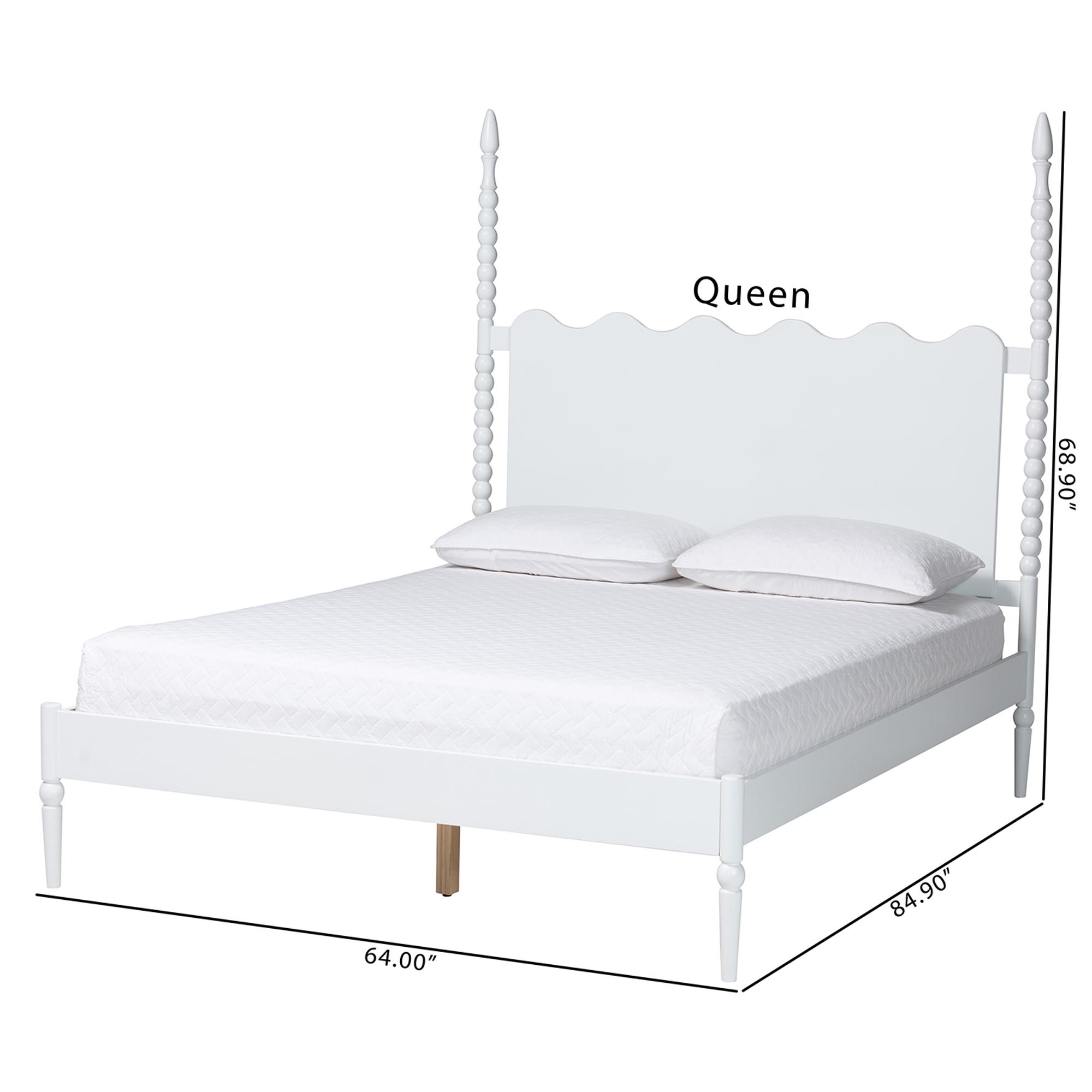 Baxton Studio Brantley Spindle Platform Bed - Farmhouse Bed Frame with Scalloped Headboard and Turned Posts, White, Queen
