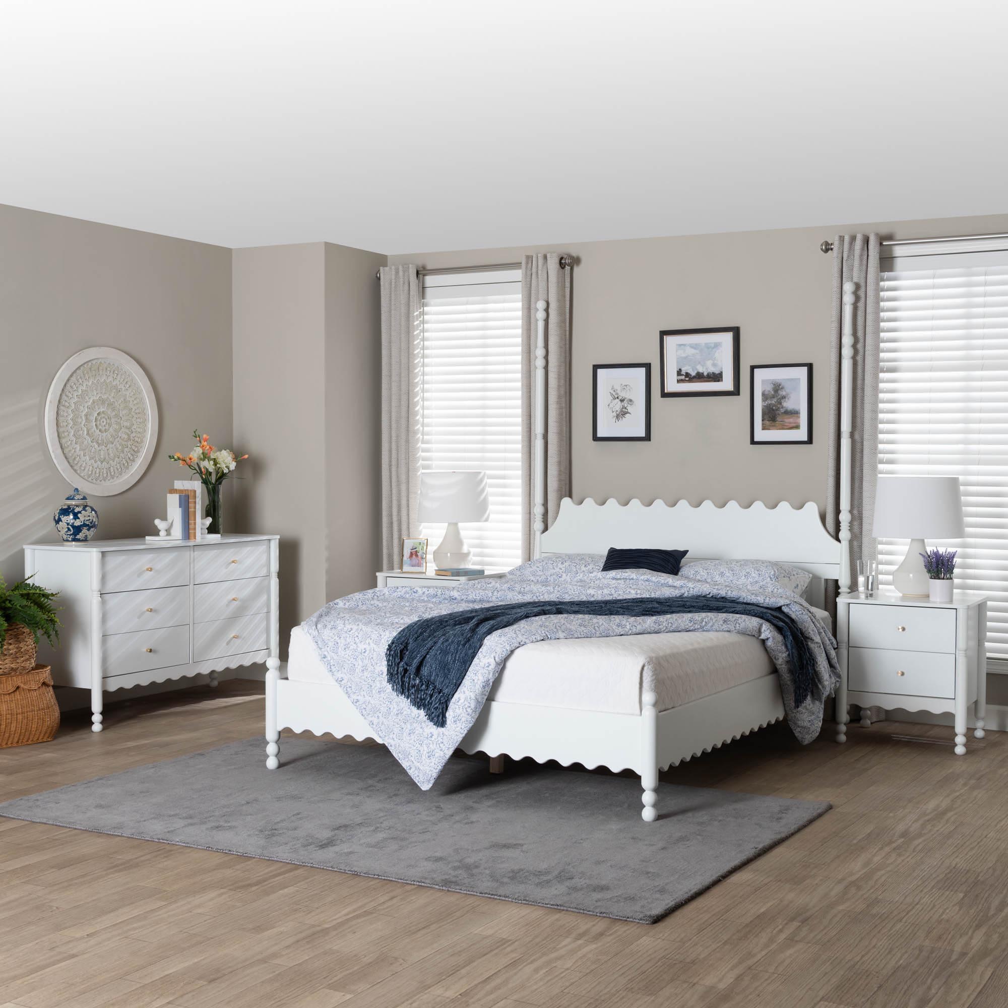 Baxton Studio Hoffman 4-Piece Scalloped Bedroom Set - Farmhouse Bed Frame with Matching Dresser and 2-Drawer Nightstands, White, Queen
