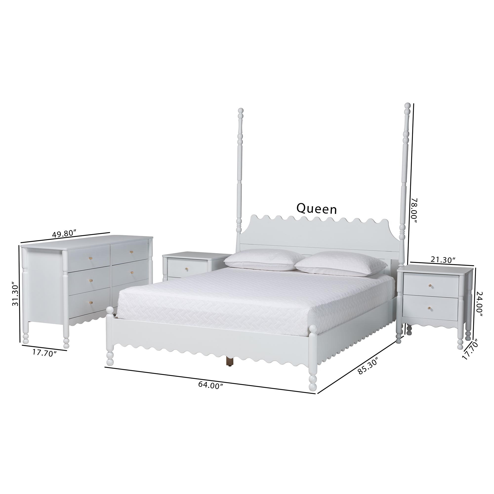 Baxton Studio Hoffman 4-Piece Scalloped Bedroom Set - Farmhouse Bed Frame with Matching Dresser and 2-Drawer Nightstands, White, King