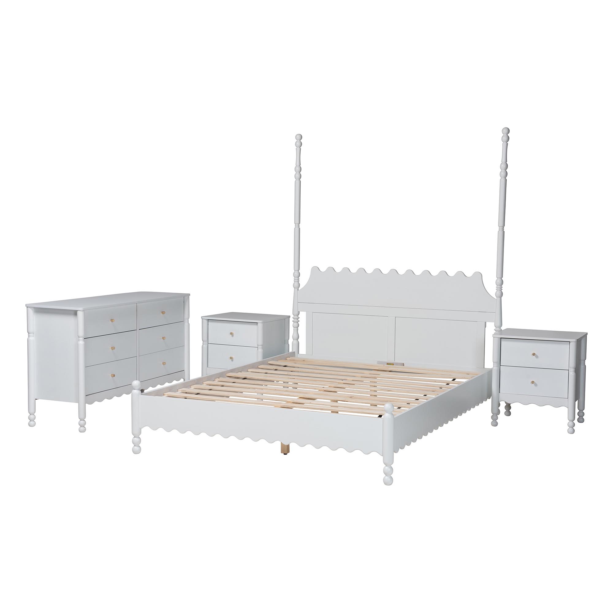 Baxton Studio Hoffman 4-Piece Scalloped Bedroom Set - Farmhouse Bed Frame with Matching Dresser and 2-Drawer Nightstands, White, King