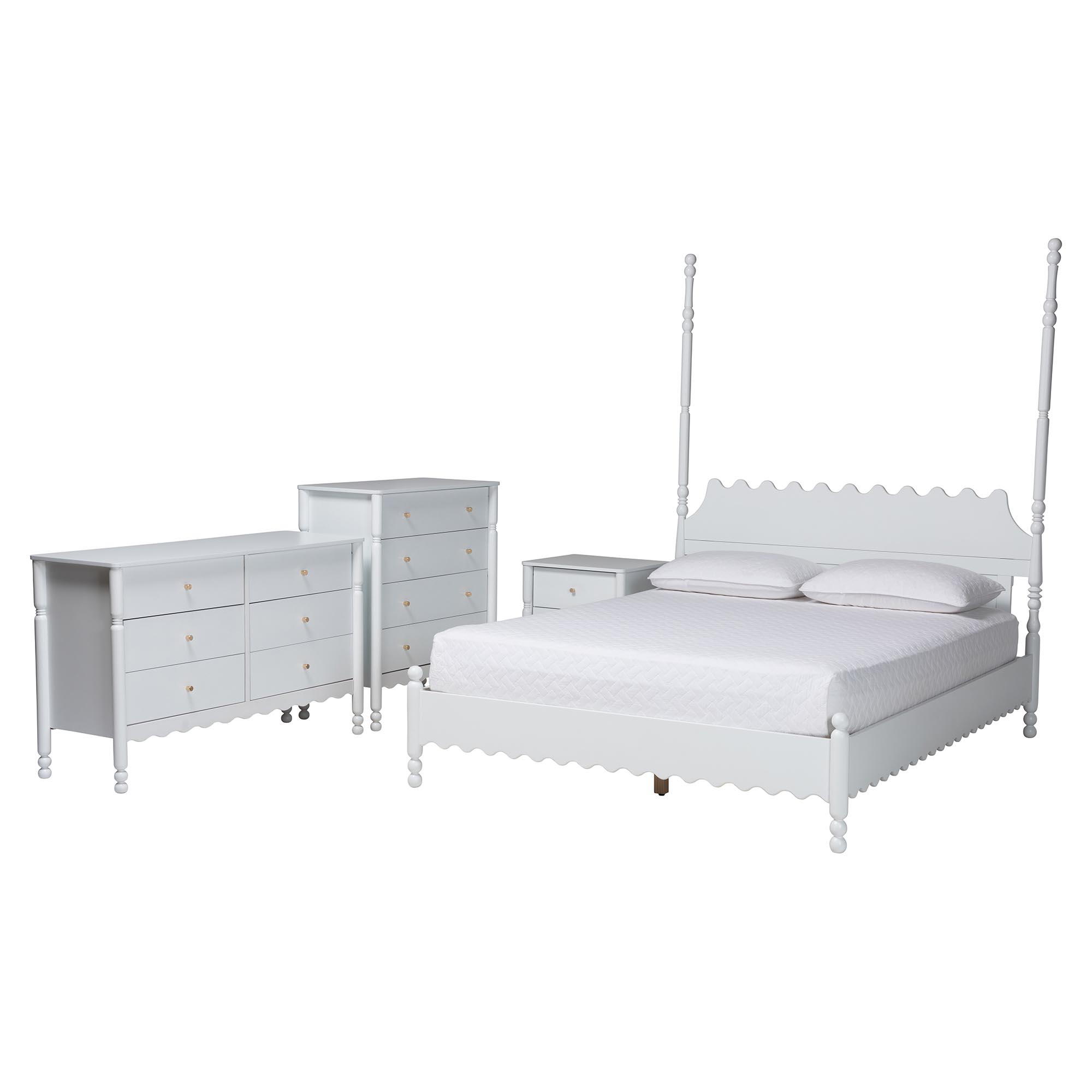 Baxton Studio Hoffman 4-Piece Scalloped Bedroom Set - Farmhouse Bed Frame with Matching Dresser, Chest, and 2-Drawer Nightstand, White, King