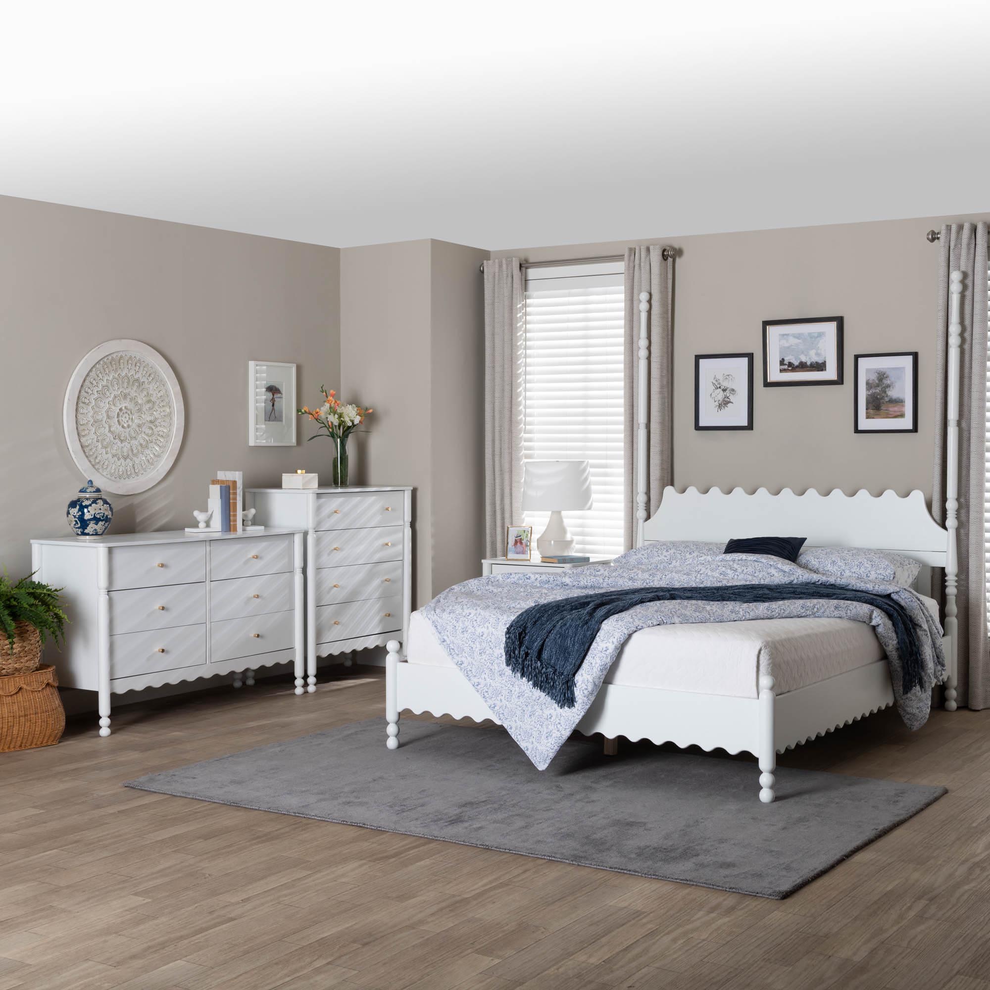 Baxton Studio Hoffman 4-Piece Scalloped Bedroom Set - Farmhouse Bed Frame with Matching Dresser, Chest, and 2-Drawer Nightstand, White, Queen