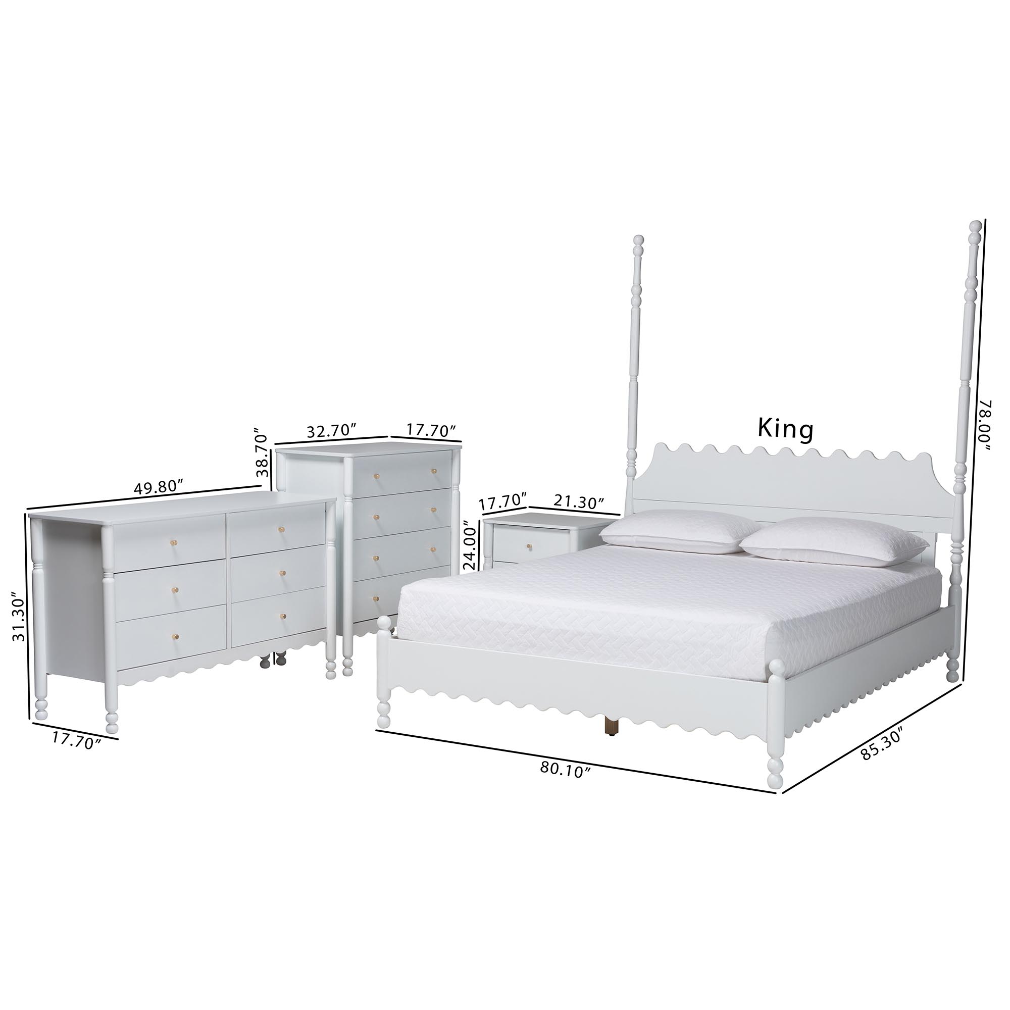 Baxton Studio Hoffman 4-Piece Scalloped Bedroom Set - Farmhouse Bed Frame with Matching Dresser, Chest, and 2-Drawer Nightstand, White, Queen