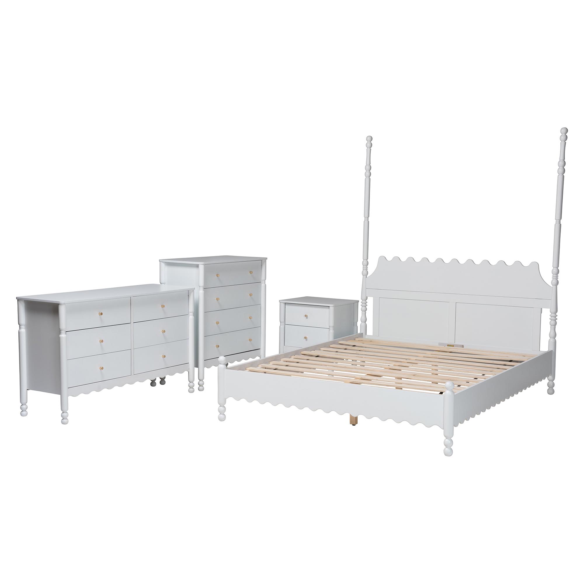 Baxton Studio Hoffman 4-Piece Scalloped Bedroom Set - Farmhouse Bed Frame with Matching Dresser, Chest, and 2-Drawer Nightstand, White, King