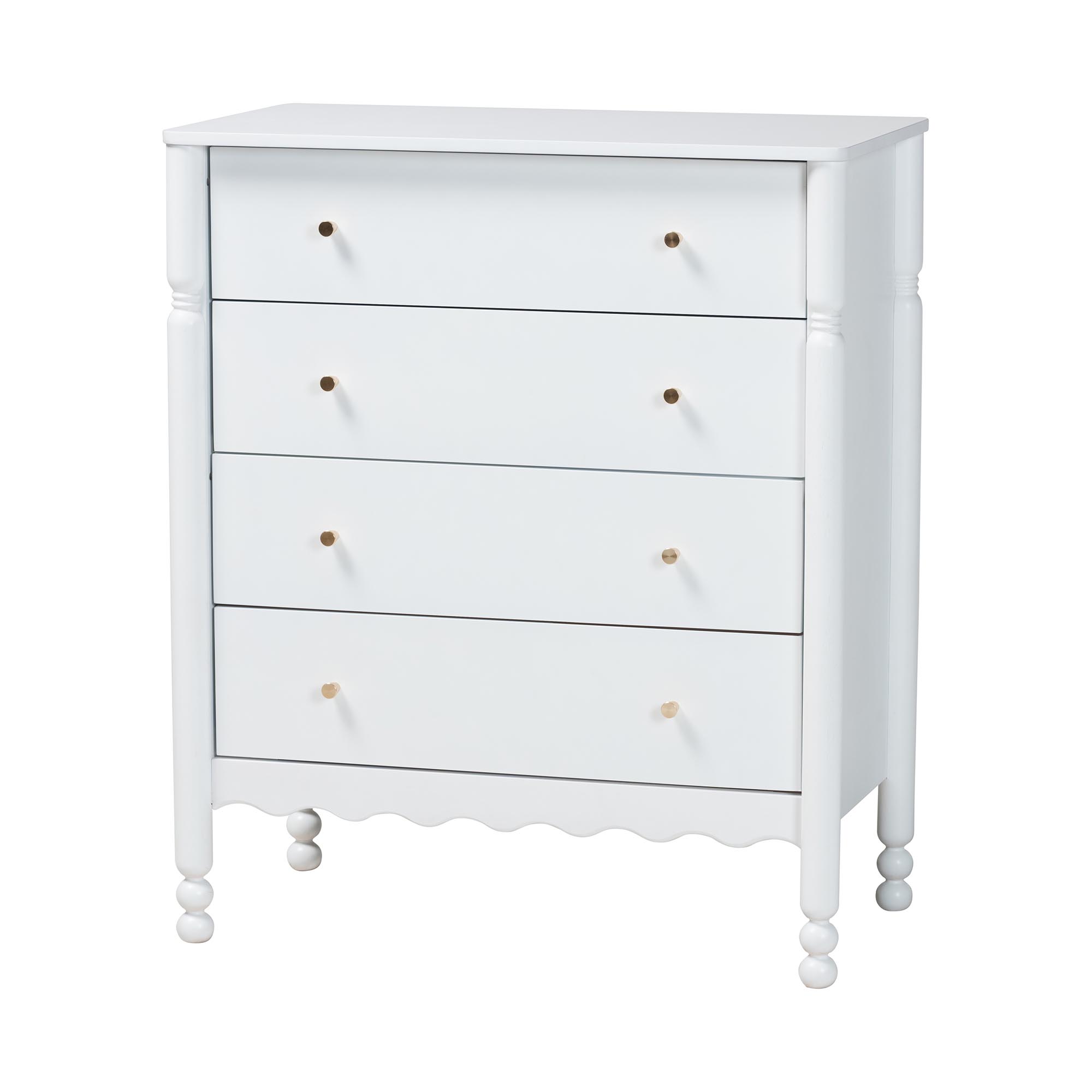 Baxton Studio Hoffman 4-Piece Scalloped Bedroom Set - Farmhouse Bed Frame with Matching Dresser, Chest, and 2-Drawer Nightstand, White, Queen