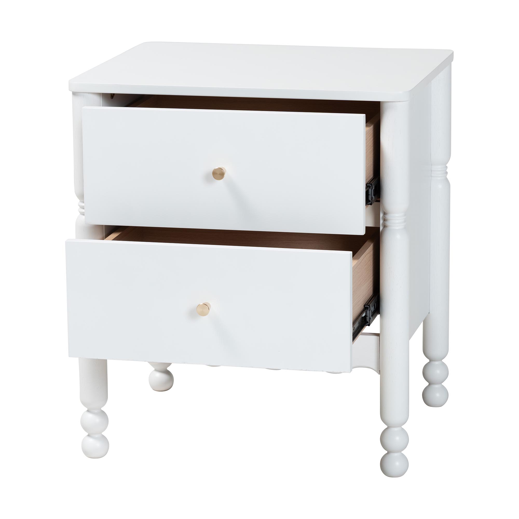 Baxton Studio Hoffman Nightstand - 2-Drawer Bedside Table with Scalloped Apron and Turned Legs for Bedroom, White