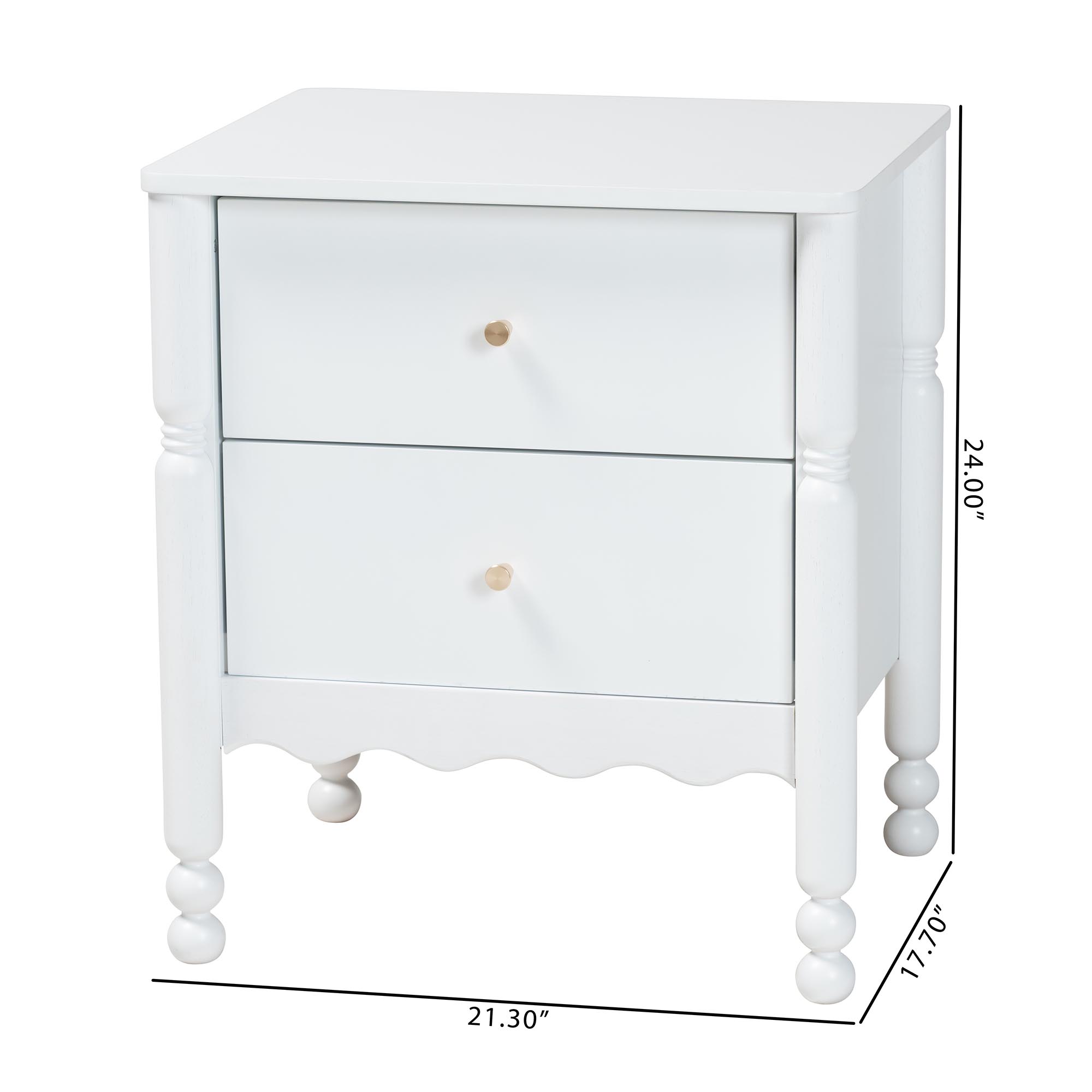 Baxton Studio Hoffman Nightstand - 2-Drawer Bedside Table with Scalloped Apron and Turned Legs for Bedroom, White