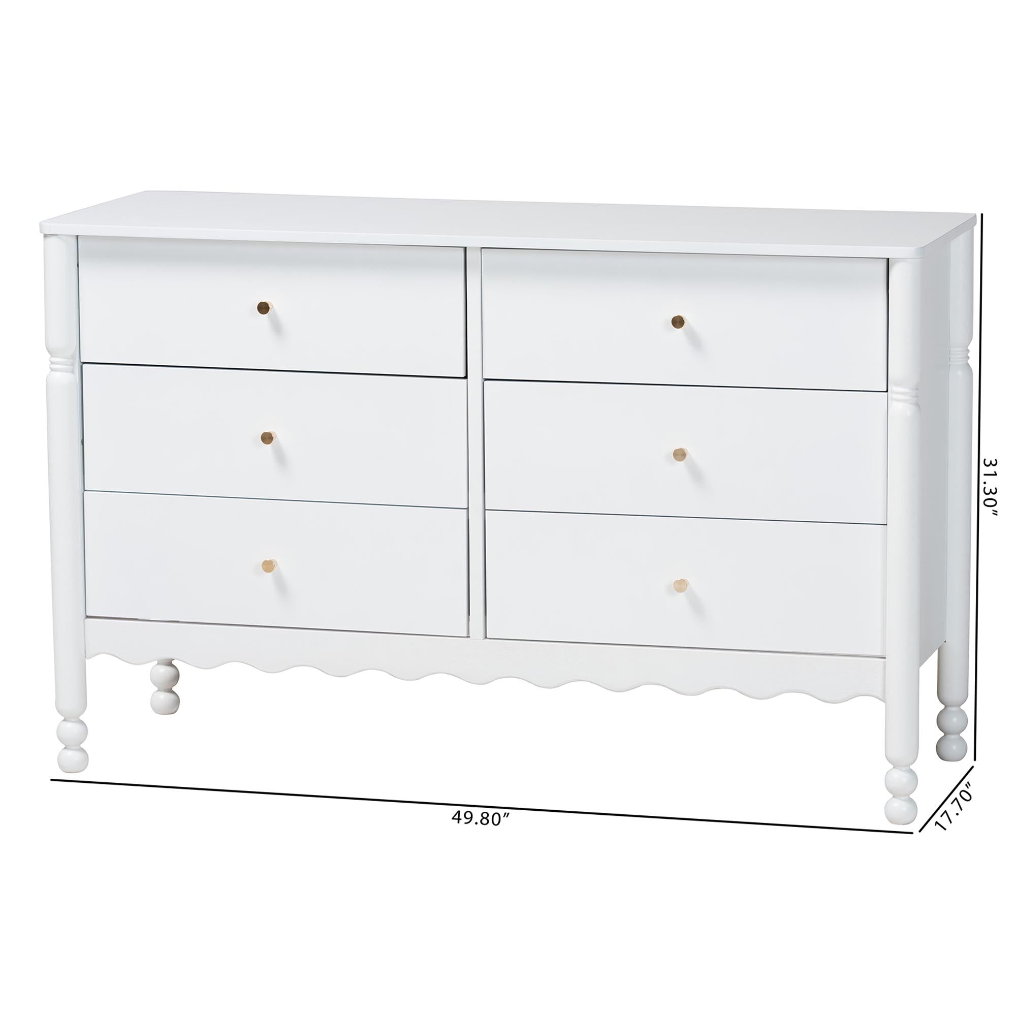Baxton Studio Hoffman Dresser - 6-Drawer Horizontal Storage Cabinet with Scalloped Apron and Turned Legs for Bedroom, White