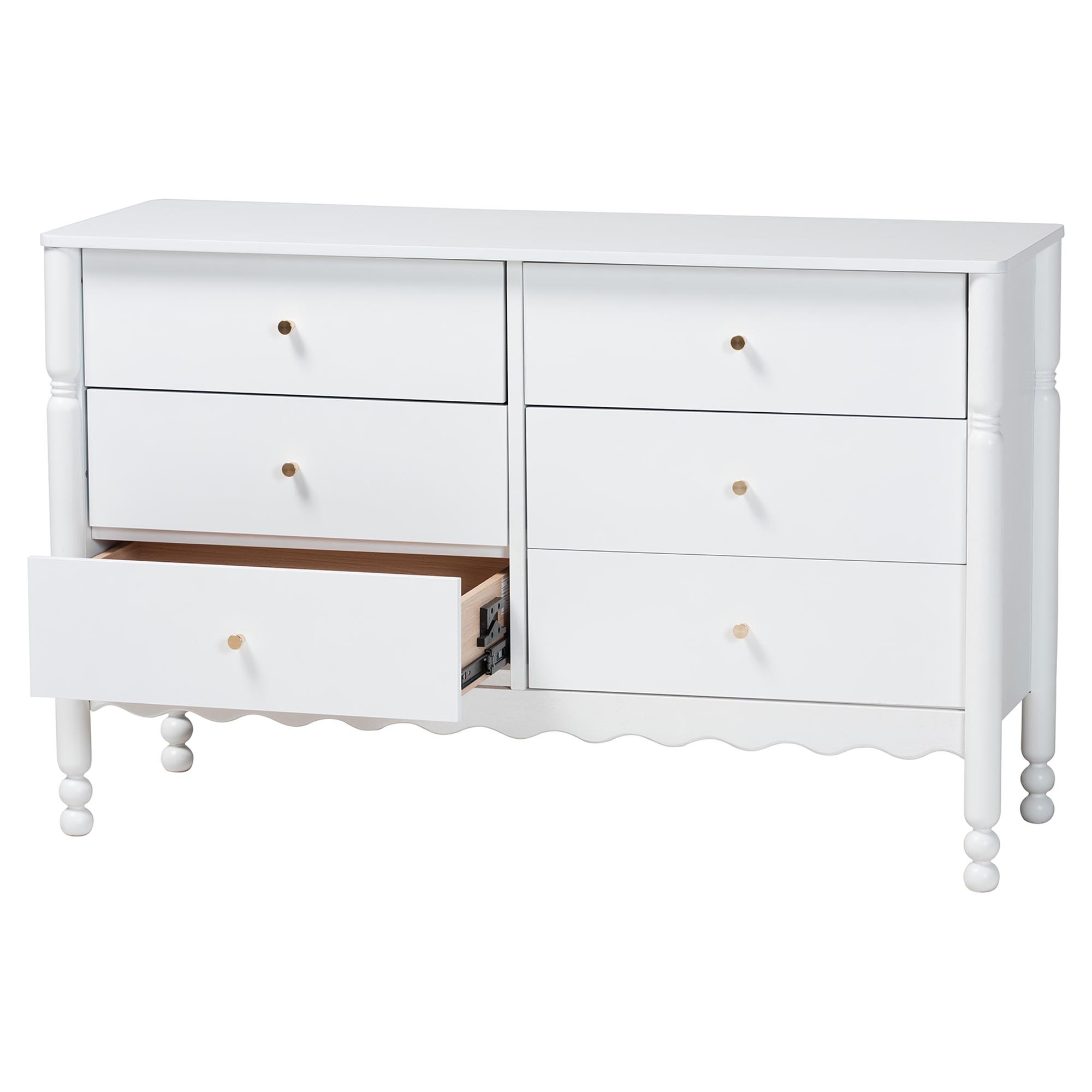 Baxton Studio Hoffman Dresser - 6-Drawer Horizontal Storage Cabinet with Scalloped Apron and Turned Legs for Bedroom, White