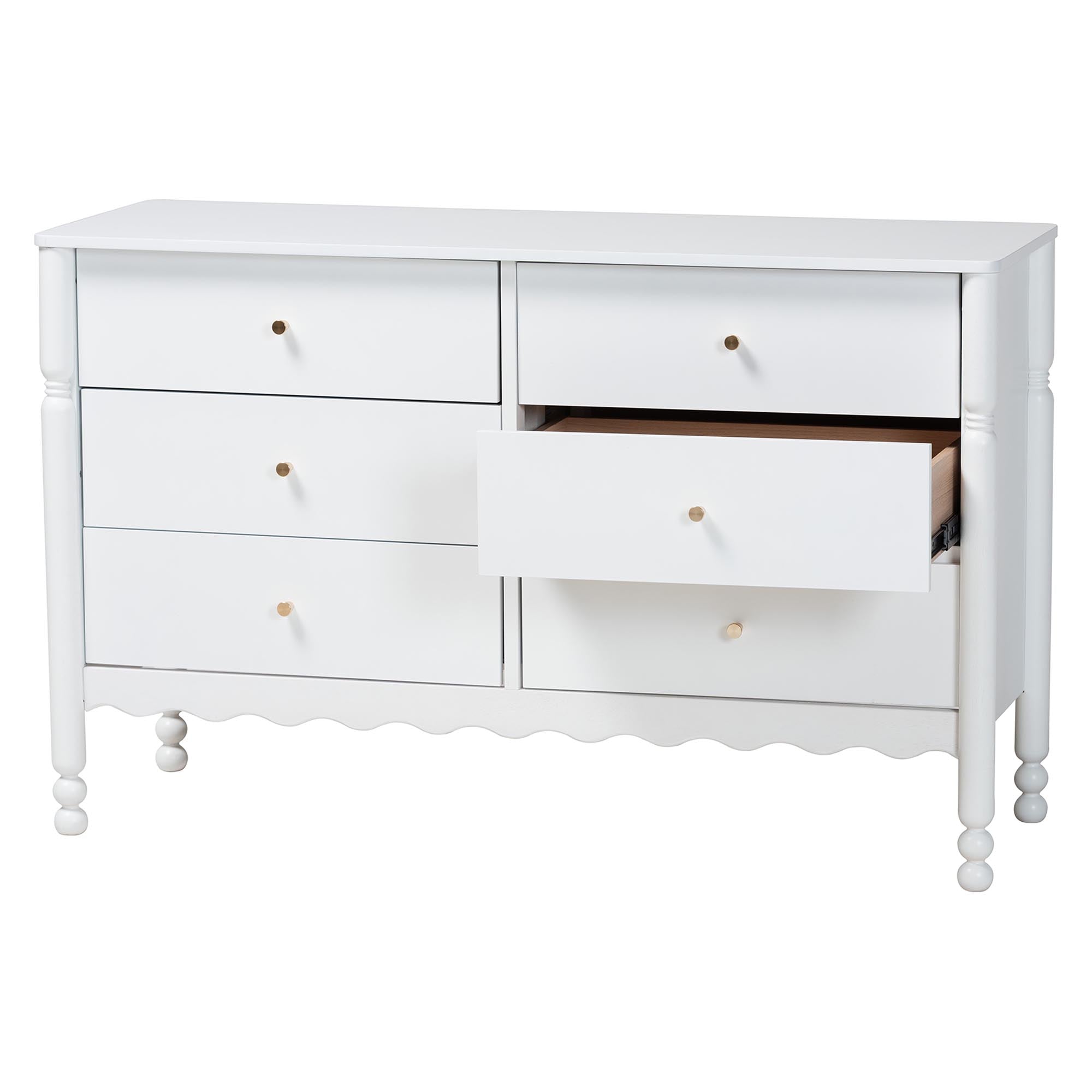 Baxton Studio Hoffman Dresser - 6-Drawer Horizontal Storage Cabinet with Scalloped Apron and Turned Legs for Bedroom, White