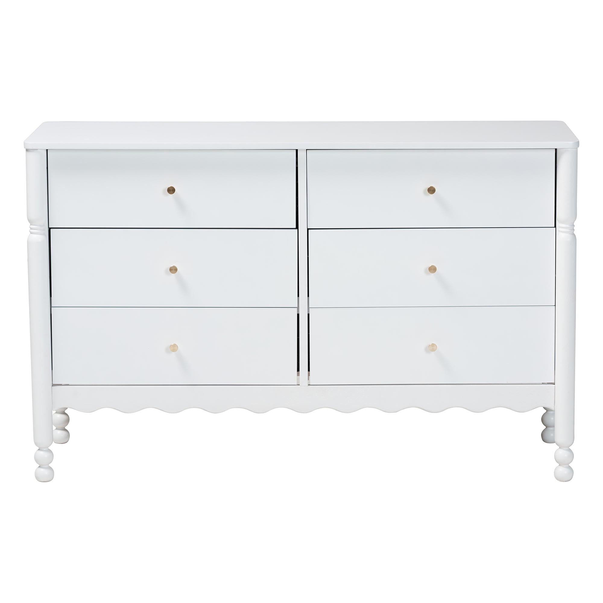 Baxton Studio Hoffman Dresser - 6-Drawer Horizontal Storage Cabinet with Scalloped Apron and Turned Legs for Bedroom, White