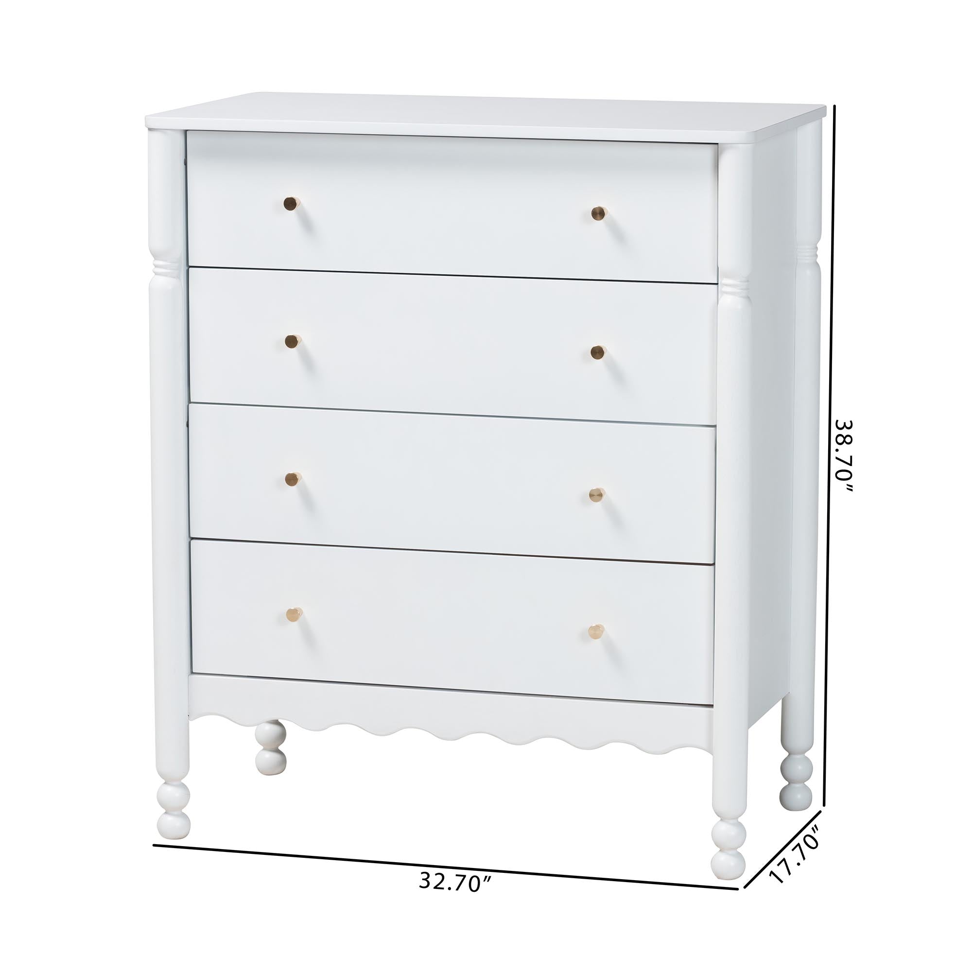 Baxton Studio Hoffman Chest - 4-Drawer Vertical Storage Cabinet with Scalloped Apron and Turned Legs for Bedroom, White