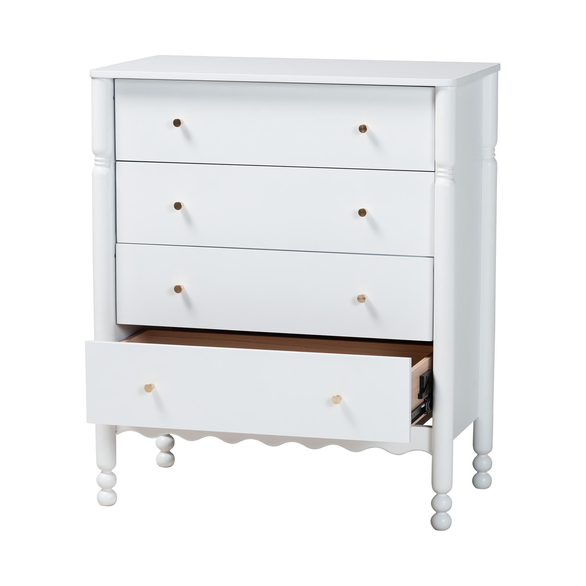 Baxton Studio Hoffman Chest - 4-Drawer Vertical Storage Cabinet with Scalloped Apron and Turned Legs for Bedroom, White