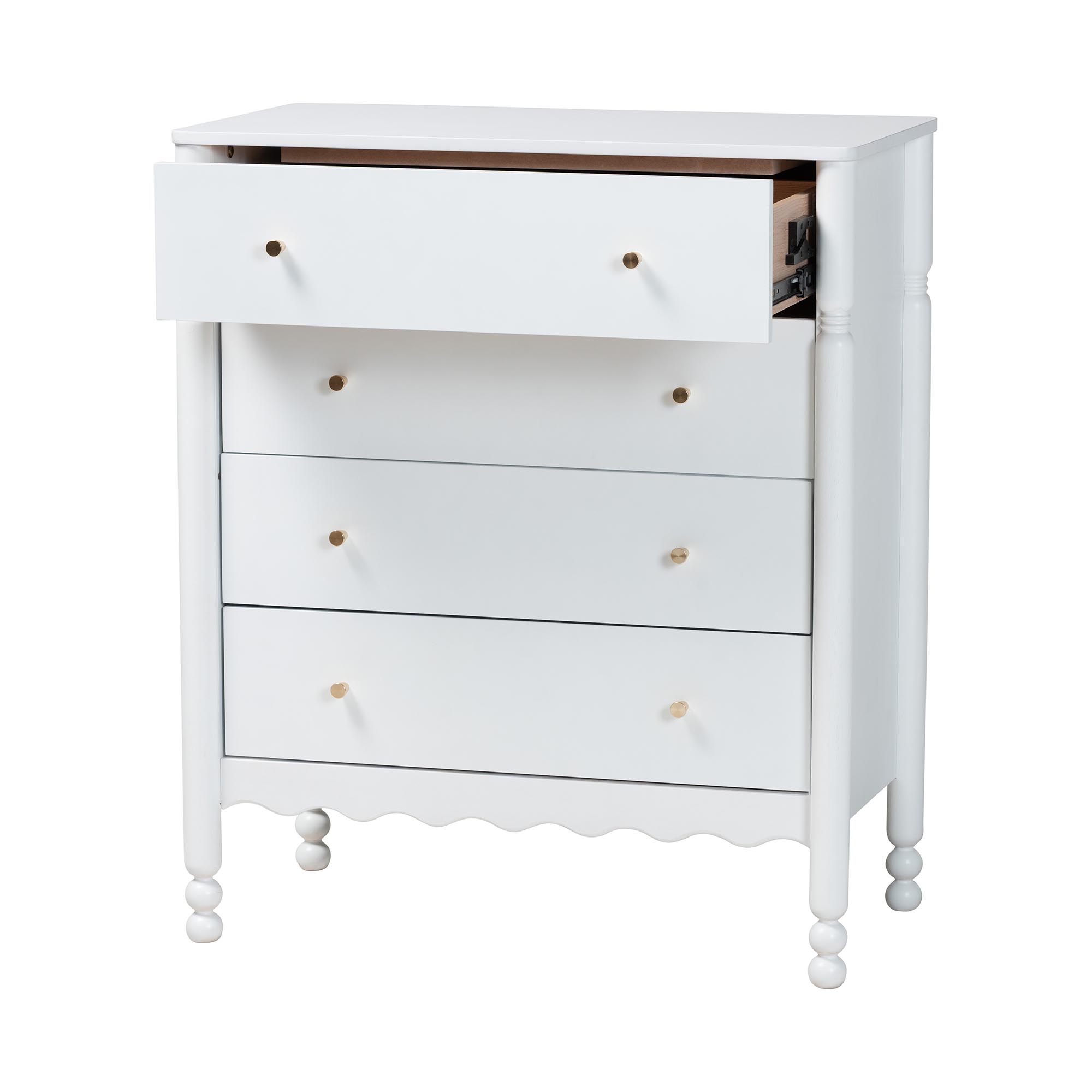 Baxton Studio Hoffman Chest - 4-Drawer Vertical Storage Cabinet with Scalloped Apron and Turned Legs for Bedroom, White