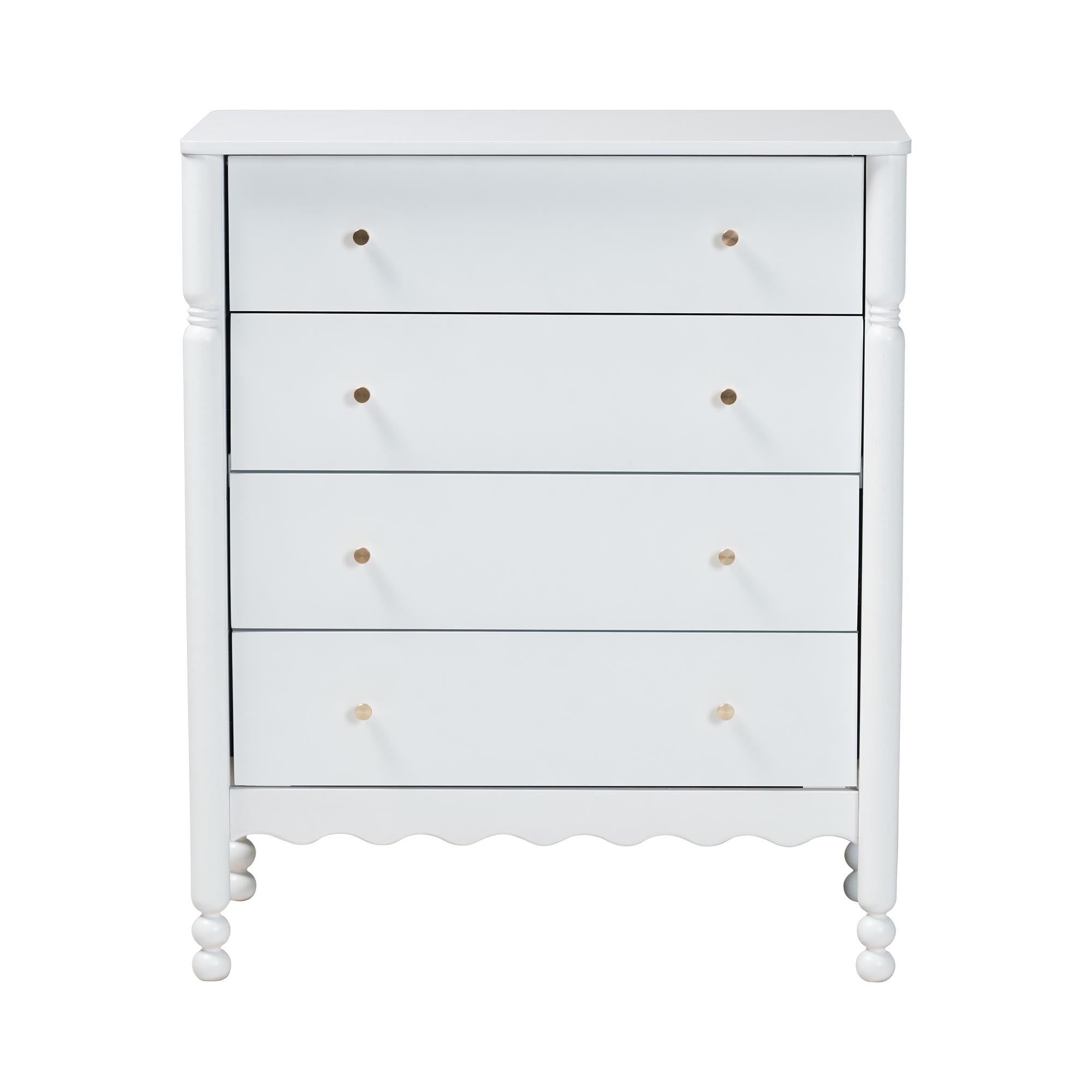 Baxton Studio Hoffman Chest - 4-Drawer Vertical Storage Cabinet with Scalloped Apron and Turned Legs for Bedroom, White