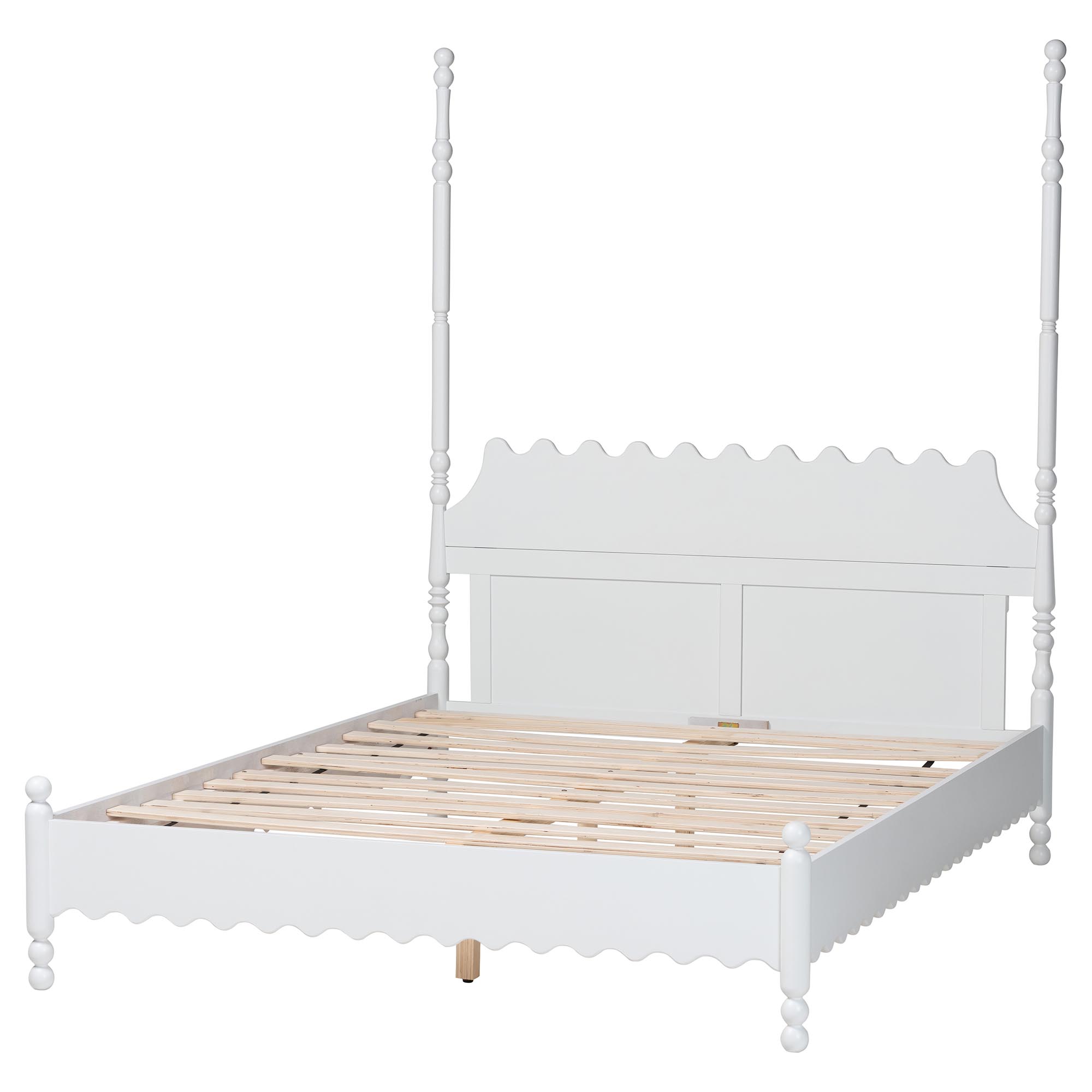 Baxton Studio Hoffman Platform Bed - Farmhouse Bed Frame with Scalloped Design and Turned Posts, White, King
